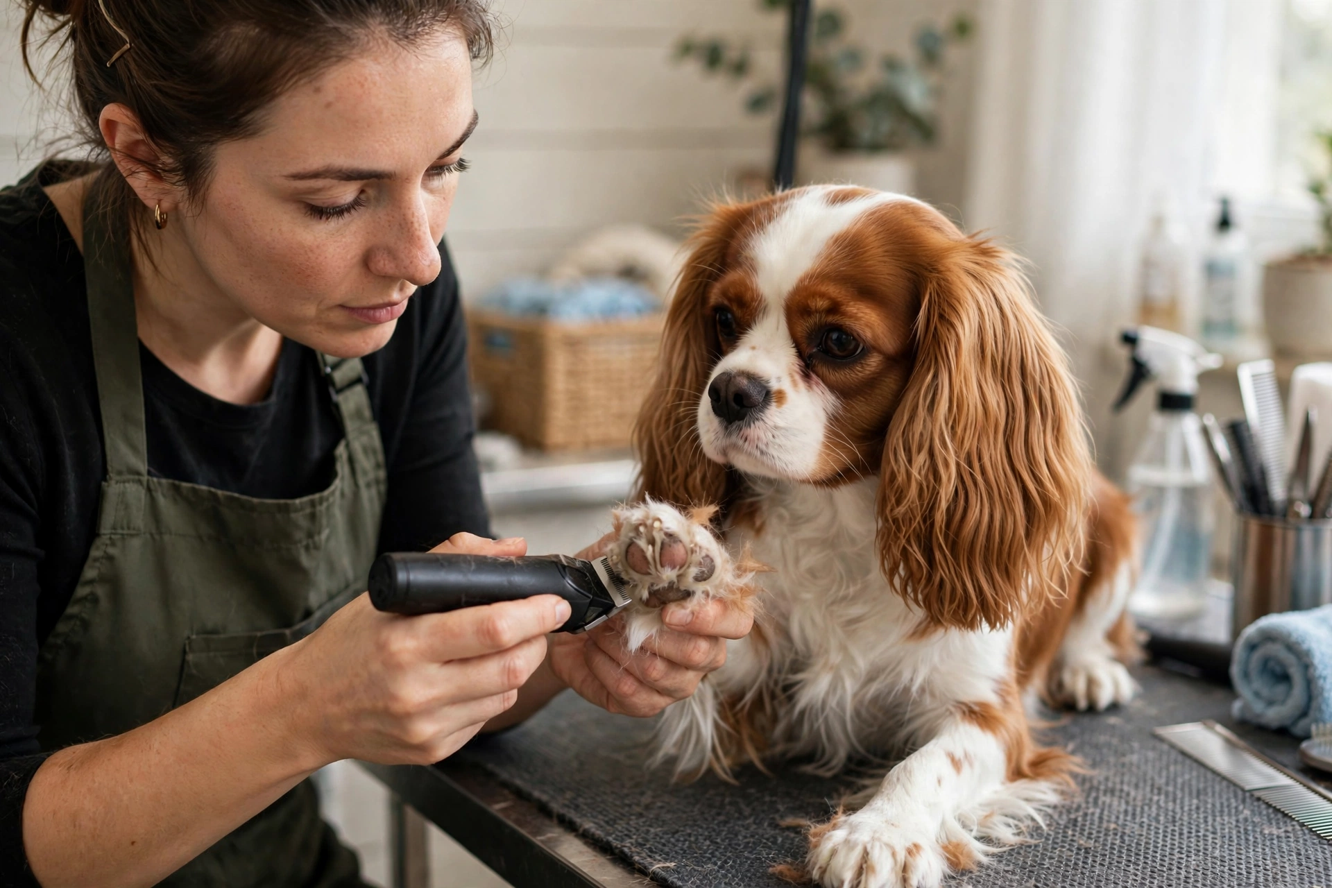 Gently trimming fur between a Cavalier King Charles Spaniel's paw pads