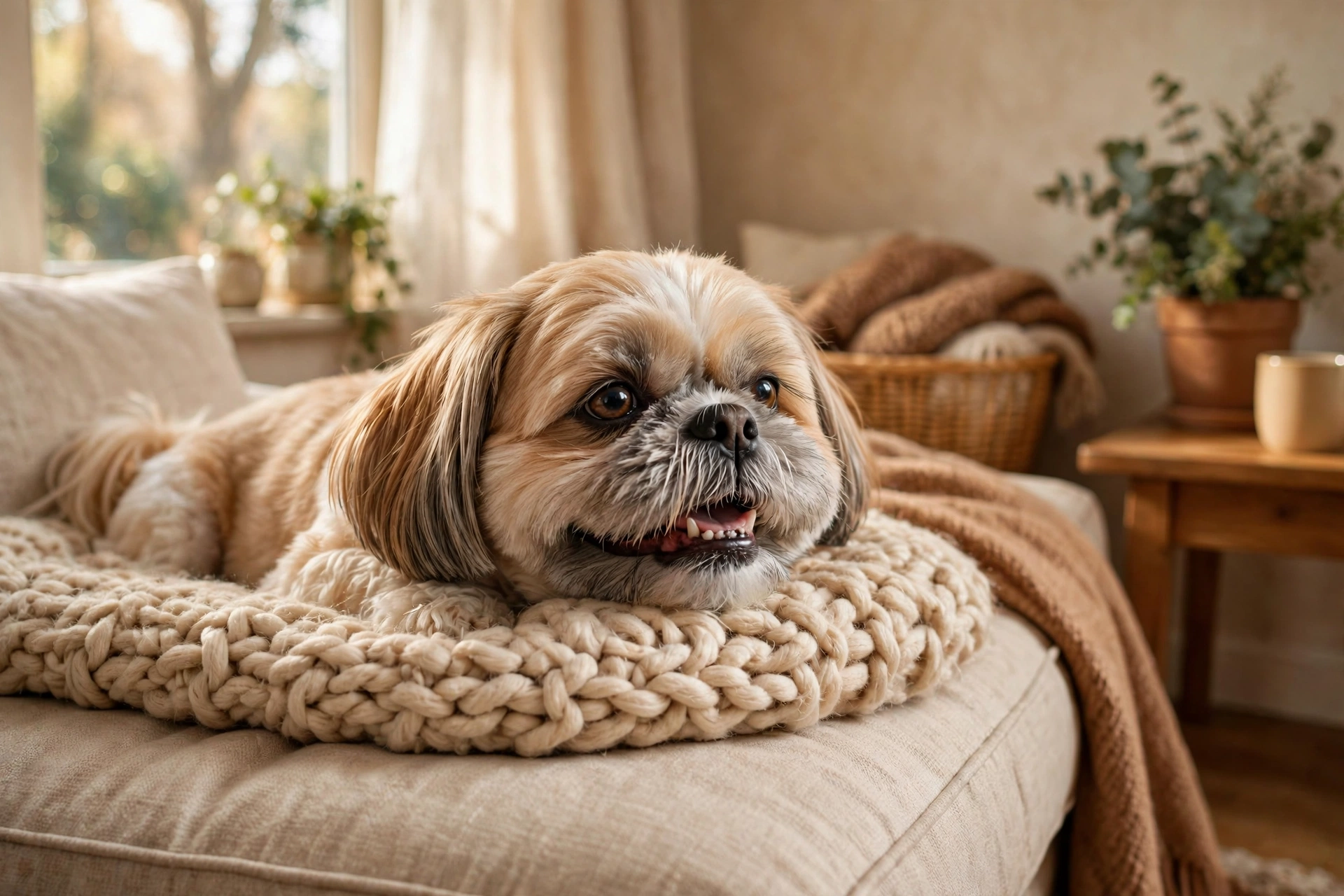 Senior Shih Tzu with a gray muzzle resting on a couch cushion
