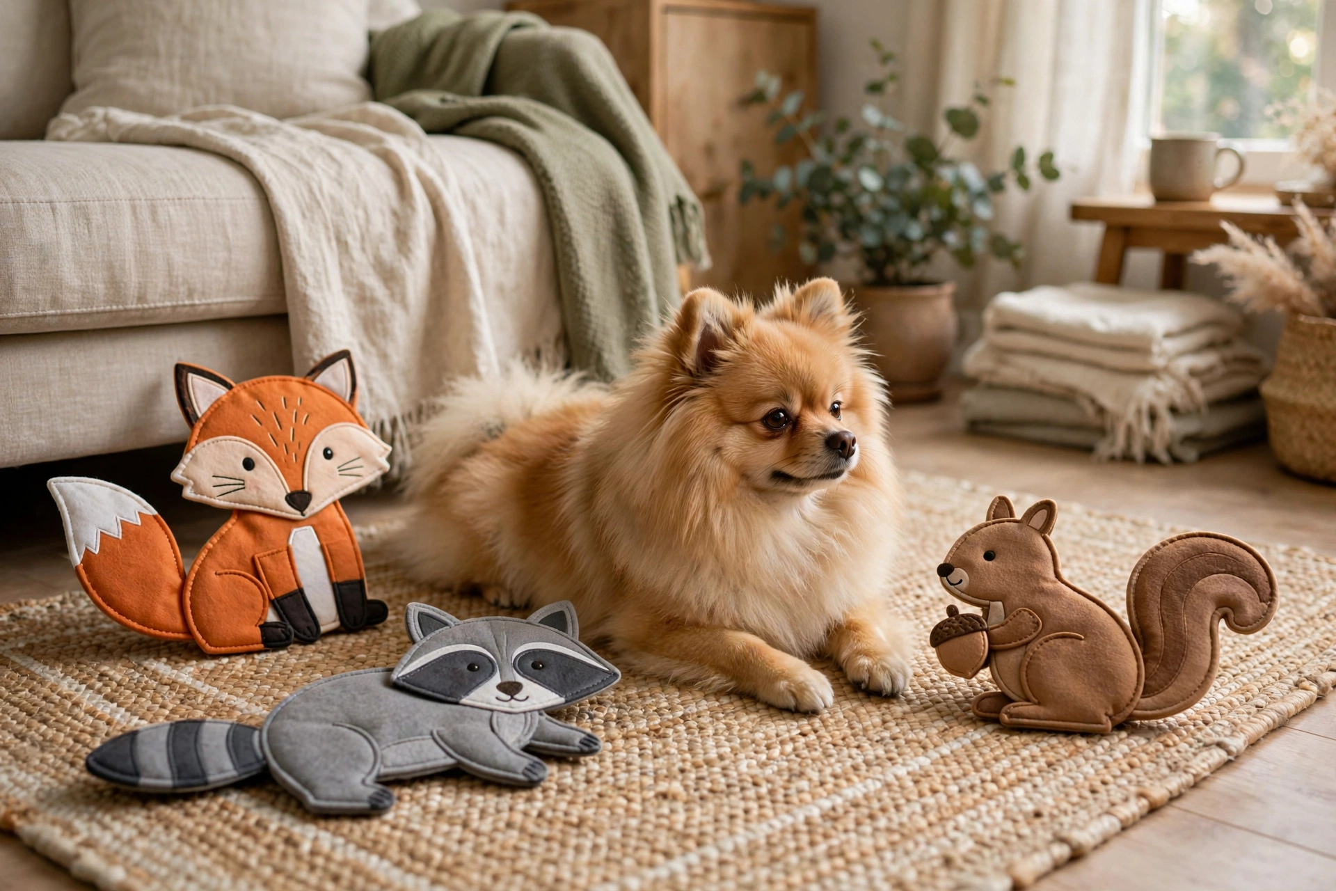 Pomeranian with flat no-stuffing plush fox, raccoon and squirrel toys on a rug