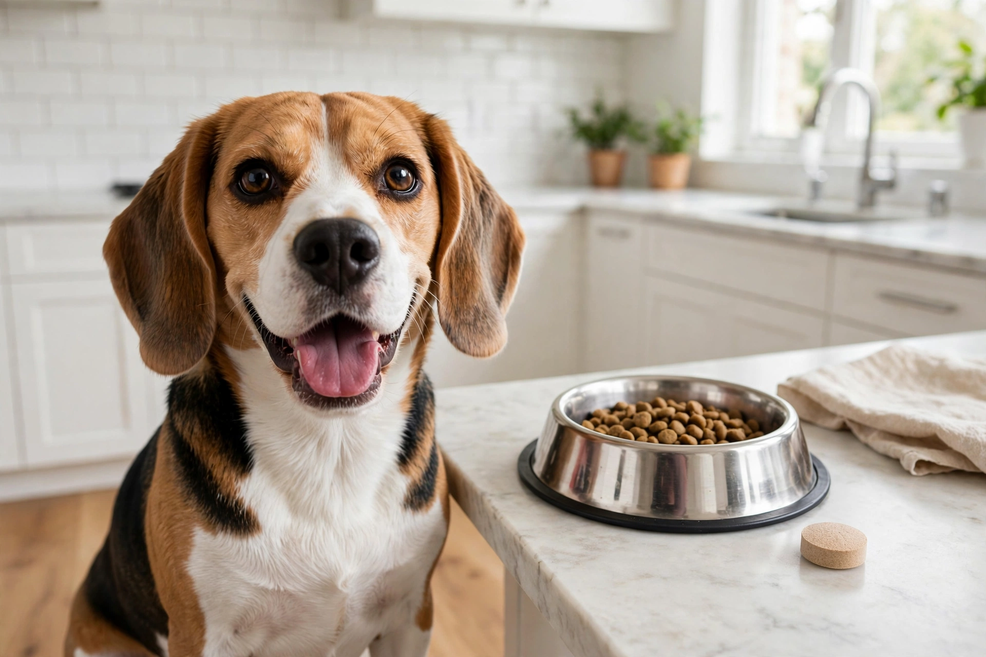 Dog with healthy digestion next to probiotic supplement