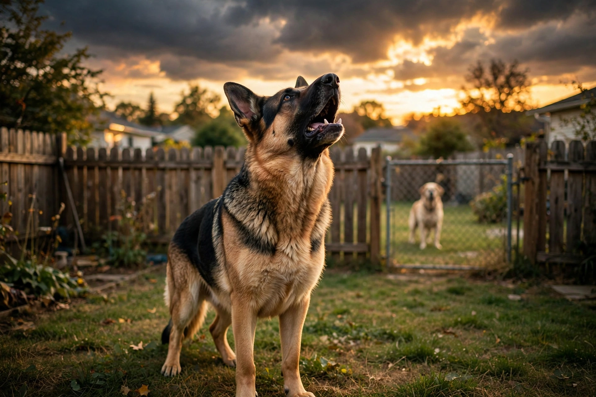 German shepherd howling to announce its territory in the backyard at sunset