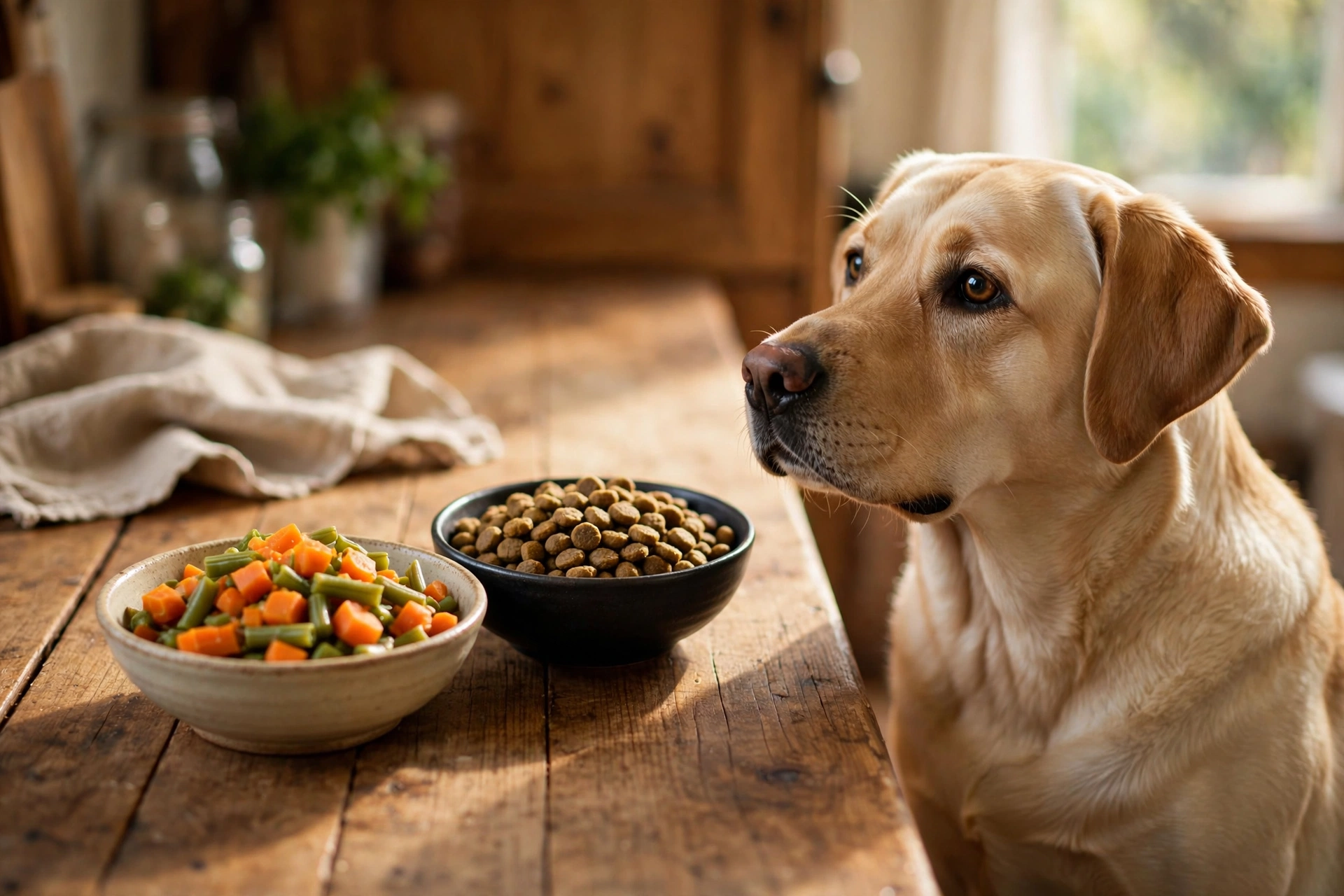 Chopped carrots and green beans beside a dog food bowl for added fiber
