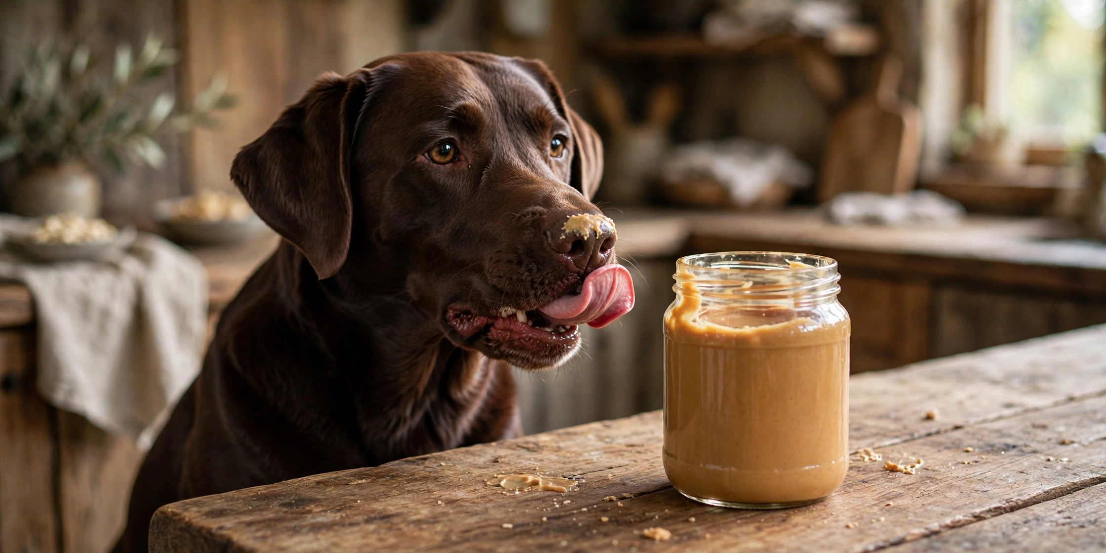 Chocolate Labrador with peanut butter on its nose in front of a plain jar