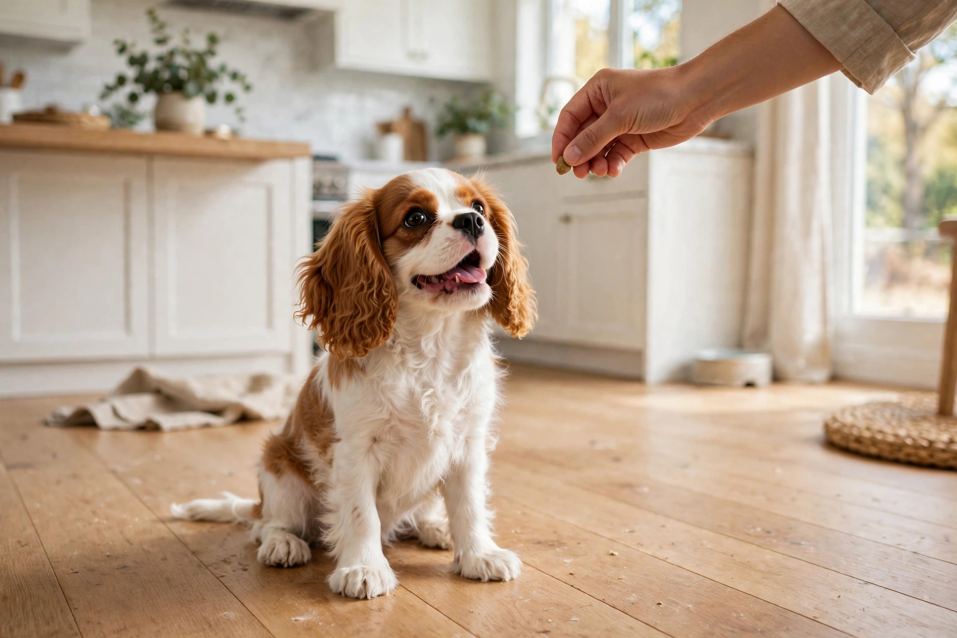 Cavalier King Charles spaniel puppy being rewarded with a tiny soft treat in a kitchen