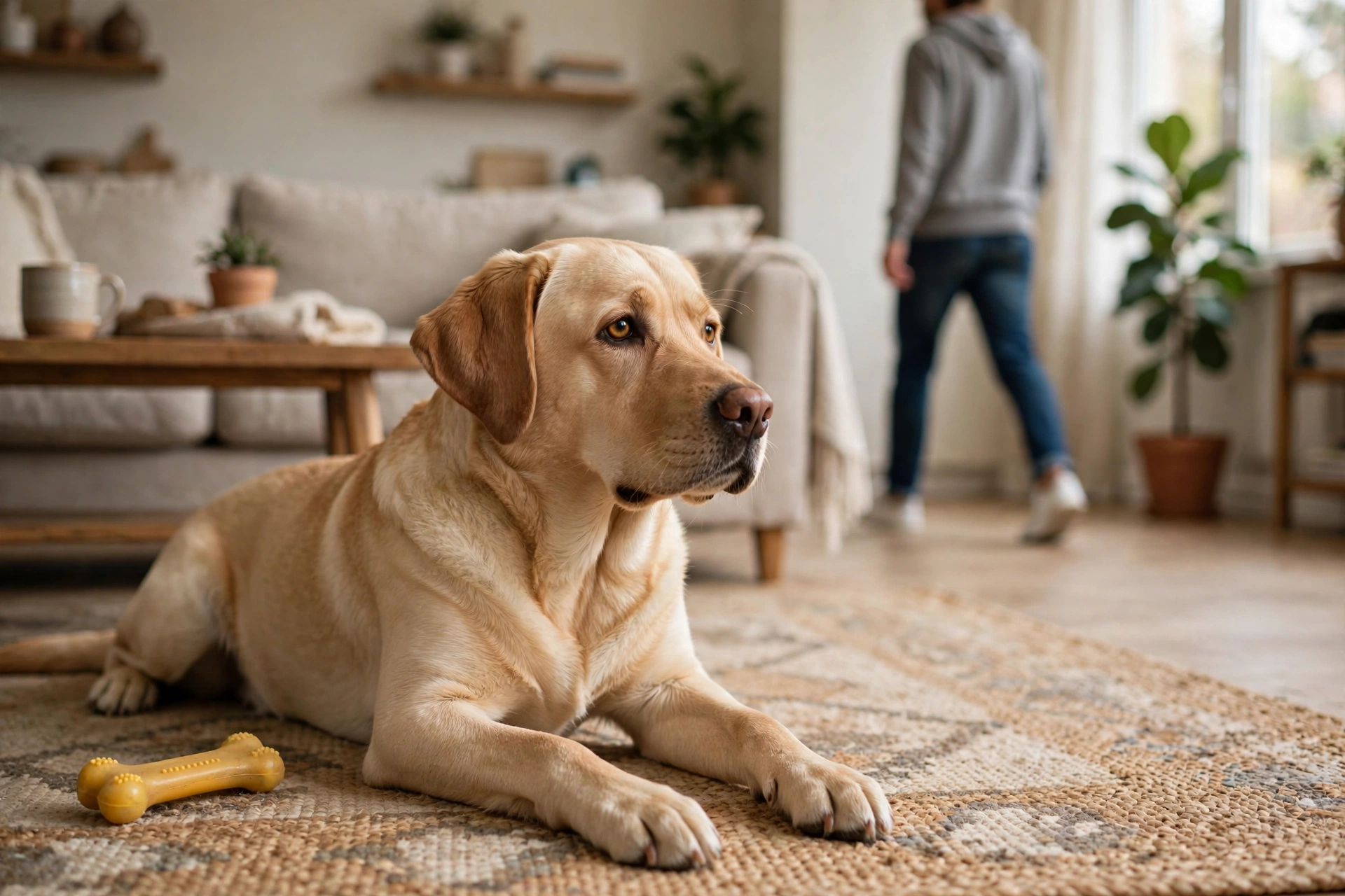 Bored young labrador lying on a rug watching its owner walk by