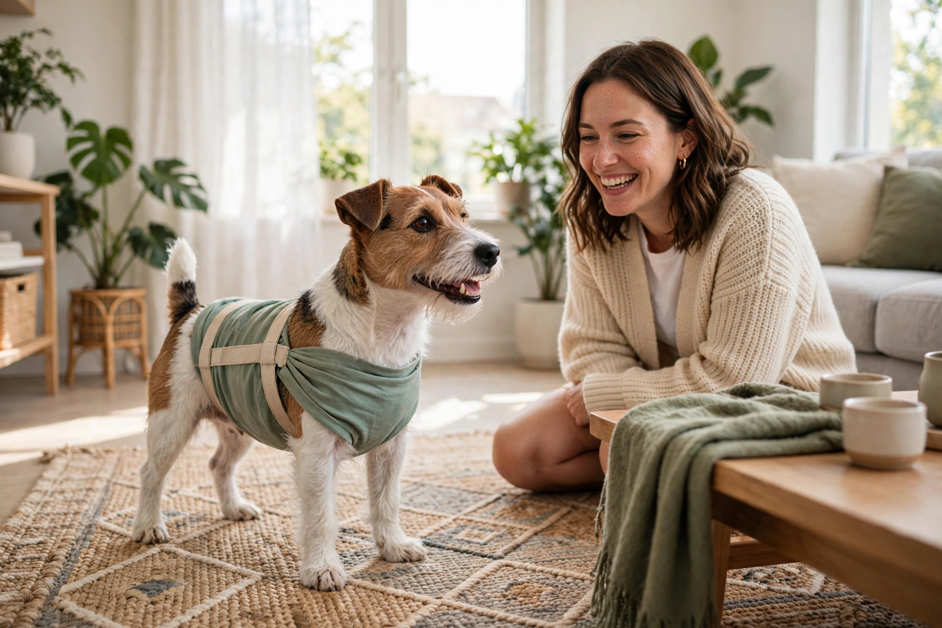 Small terrier wearing a washable belly band wrap indoors