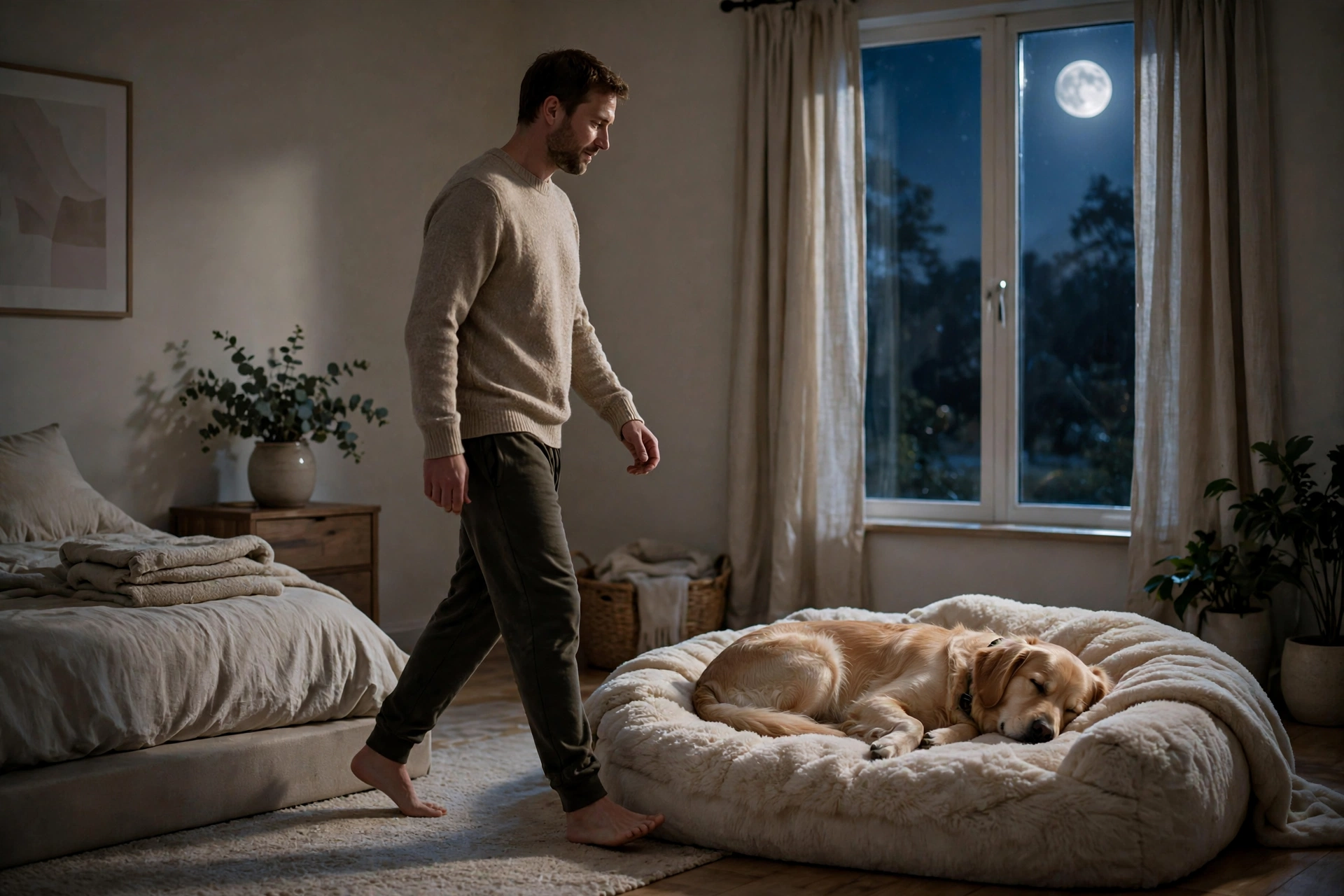 Owner quietly walking past a peacefully sleeping dog at night