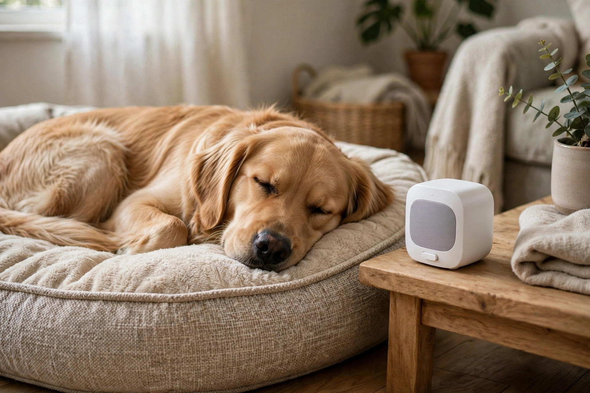 Dog resting peacefully on a bed near a small white noise speaker