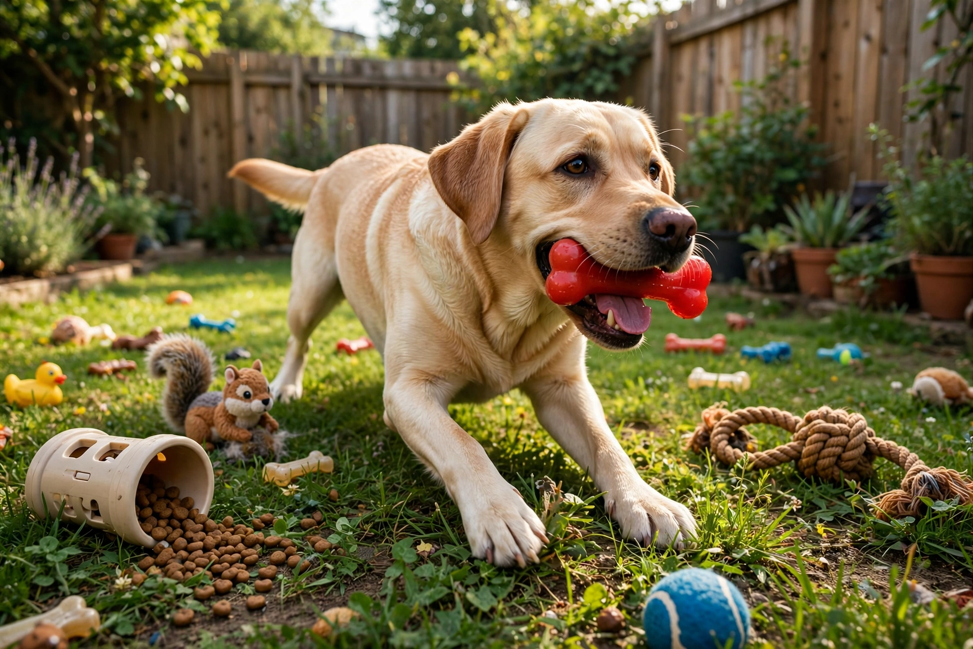 Dog playing with toys and enrichment in the backyard