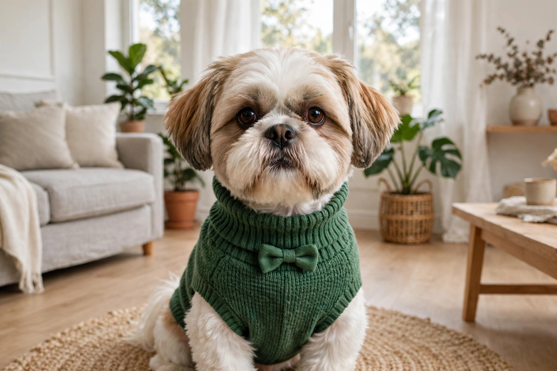 Small dog wearing a dressy bowtie turtleneck sweater