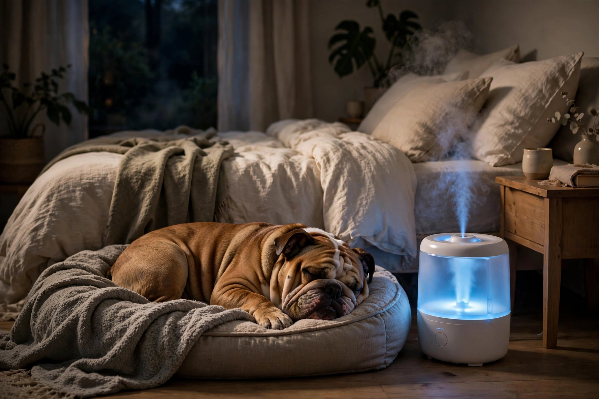Bulldog sleeping comfortably near a cool mist humidifier