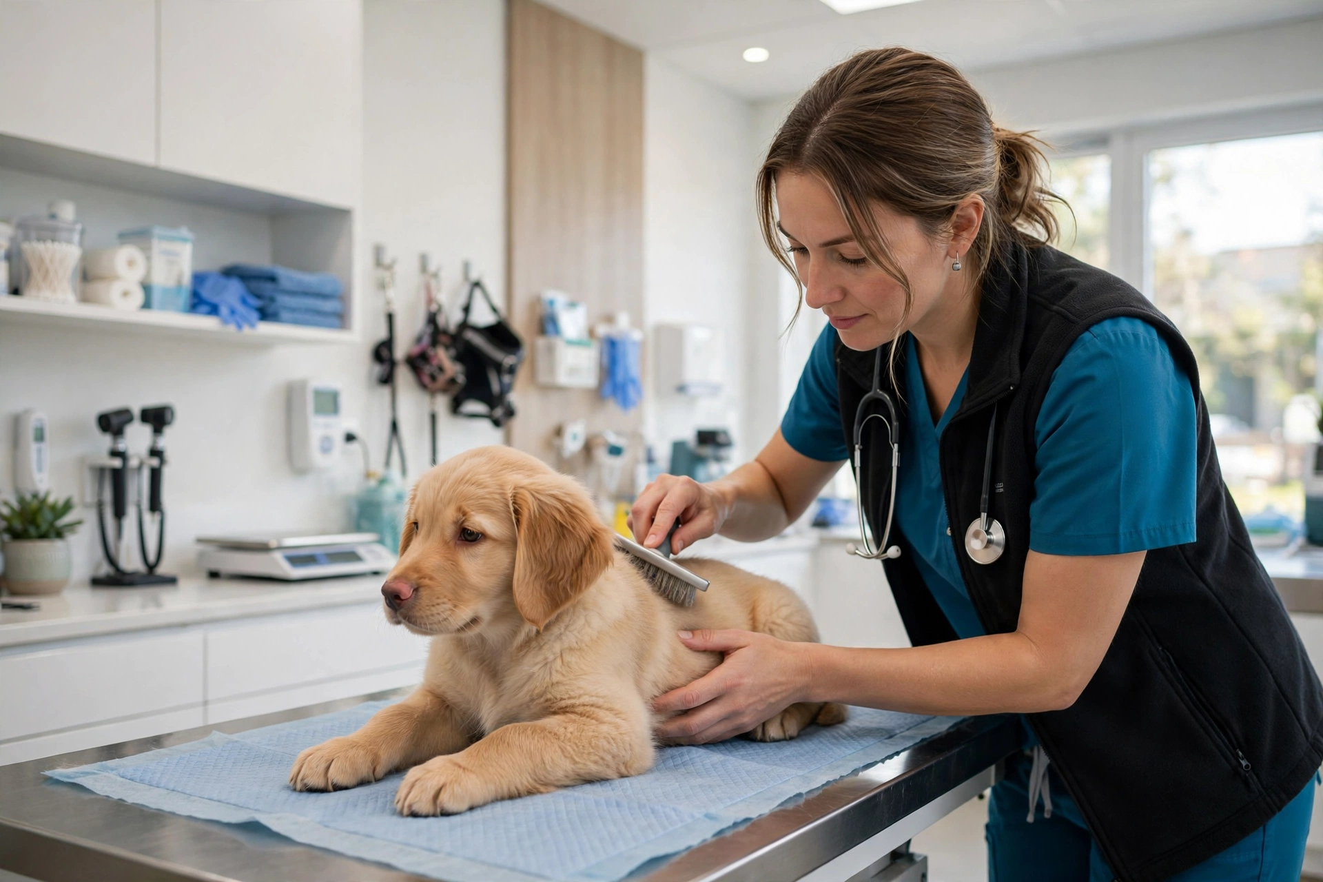 Veterinarian checking a puppy's coat for fleas and ticks
