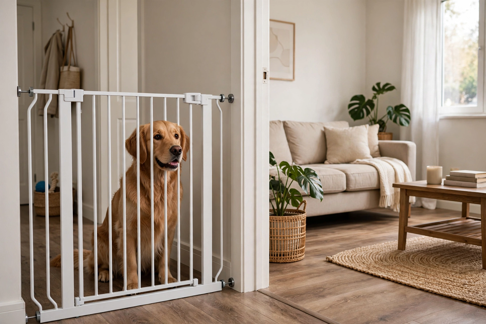Pet gate blocking a dog from the living room couch area