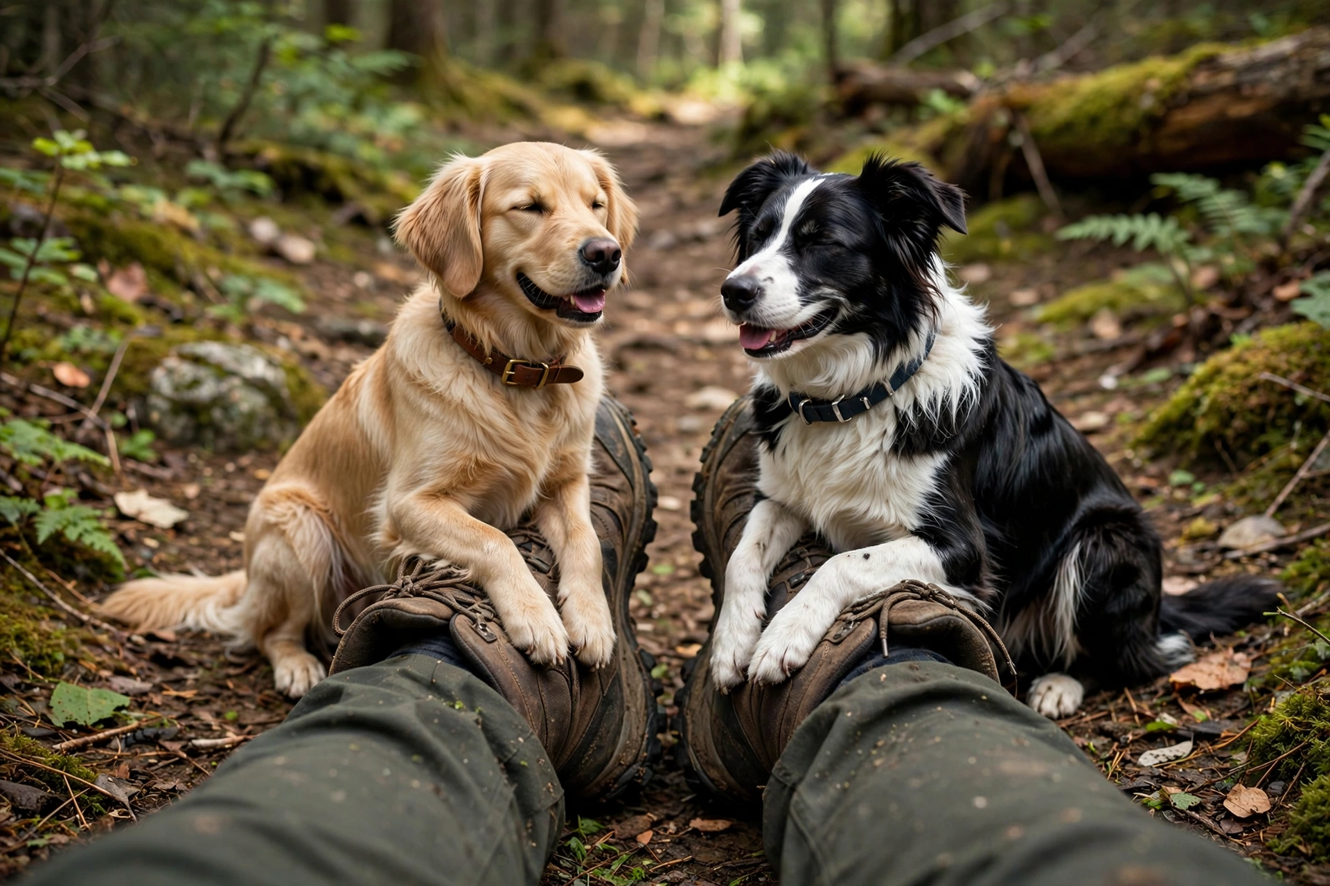 Two dogs sitting on their owner's feet during a rest on a hiking trail