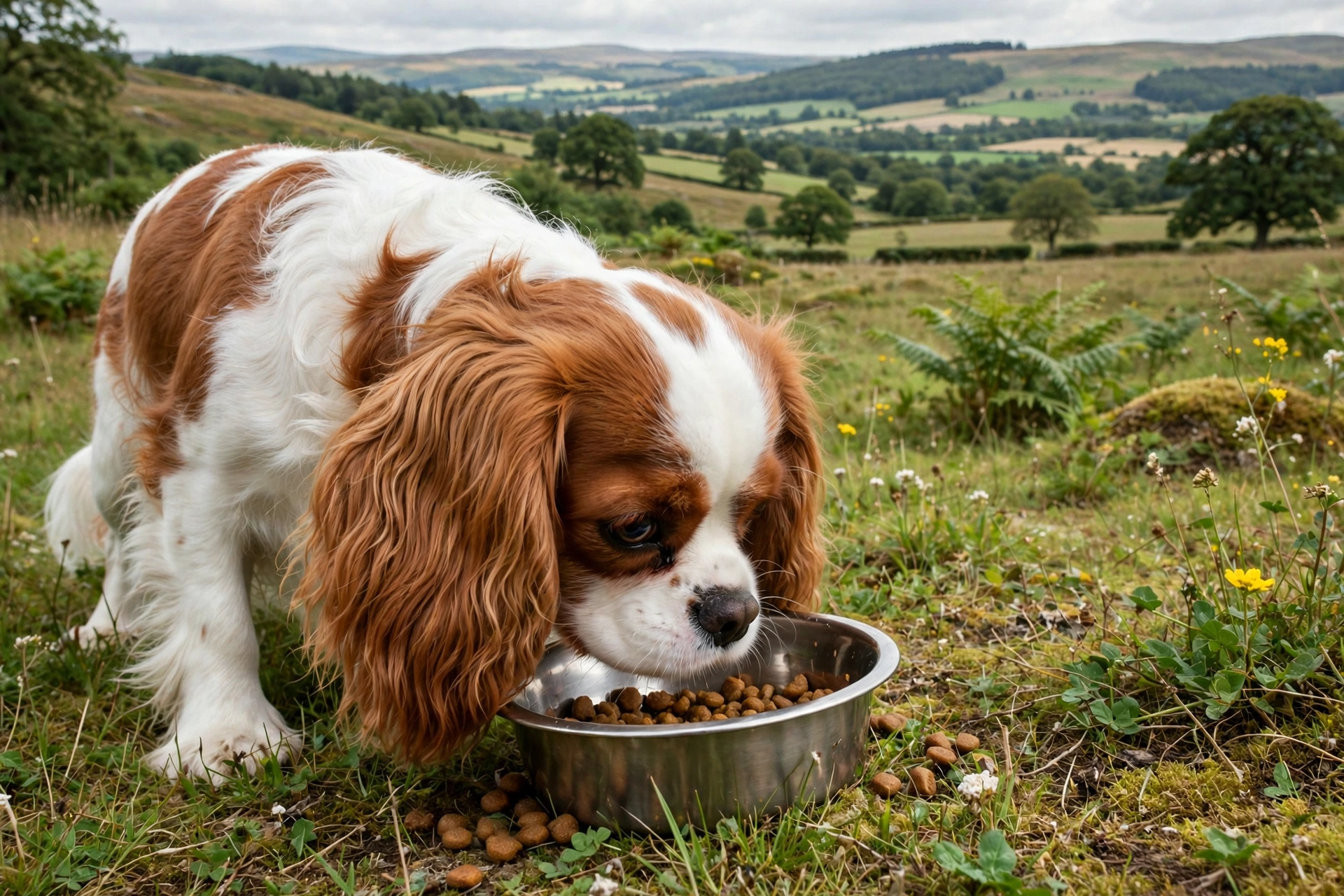 Cavalier king charles spaniel eating kibble from a bowl