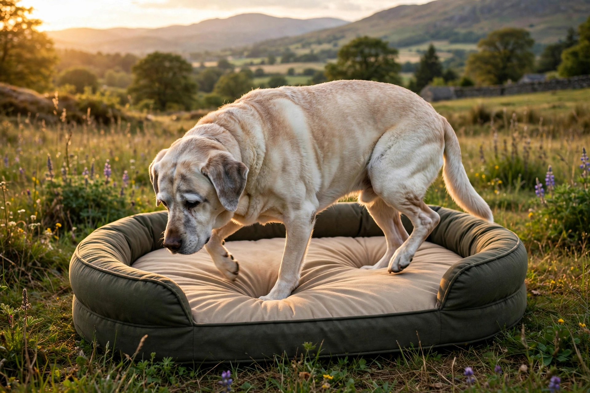 Senior dog circling carefully before lying down on an orthopedic bed