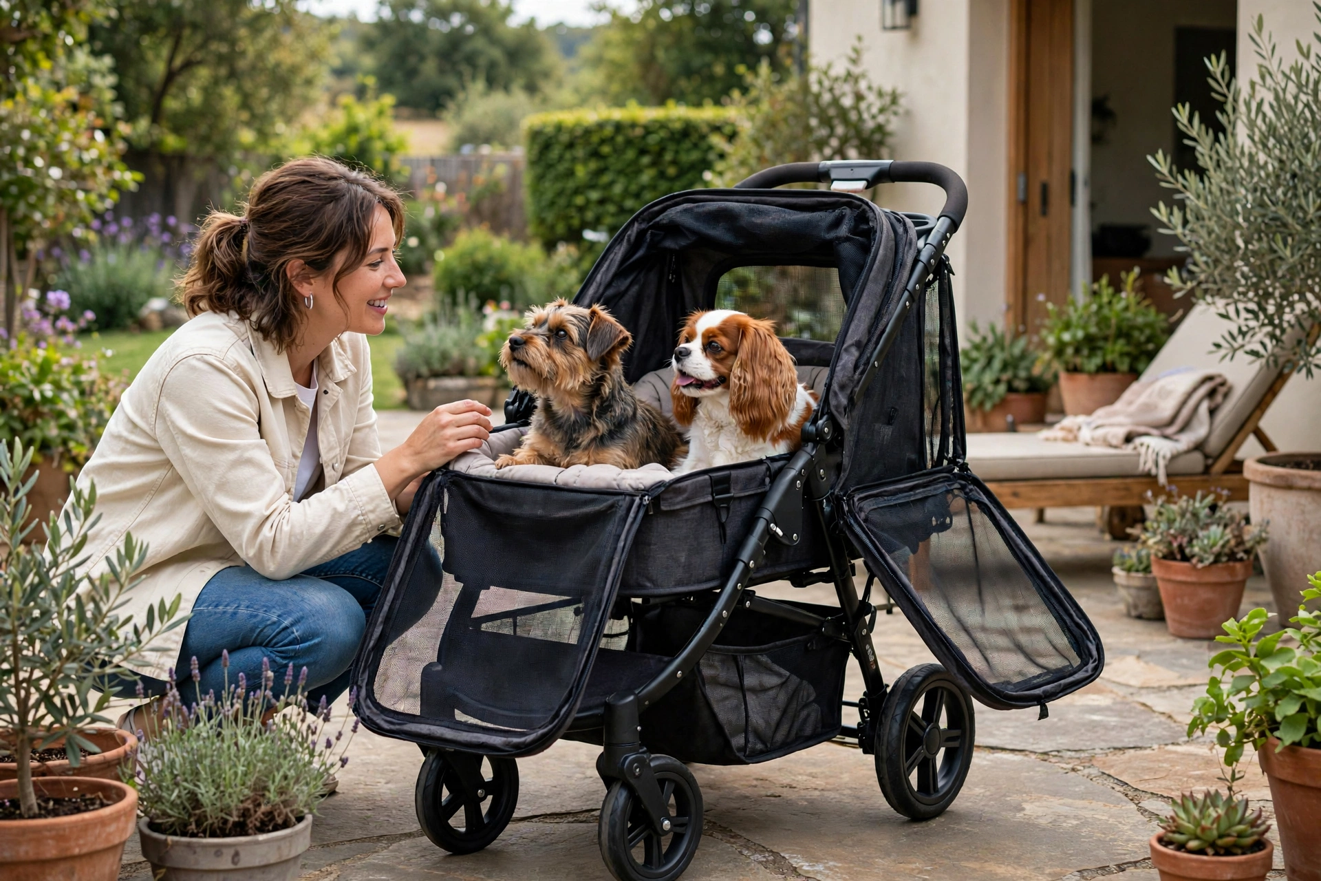 Two small dogs inside a spacious Pet Gear NO-ZIP Expedition dual-entry stroller