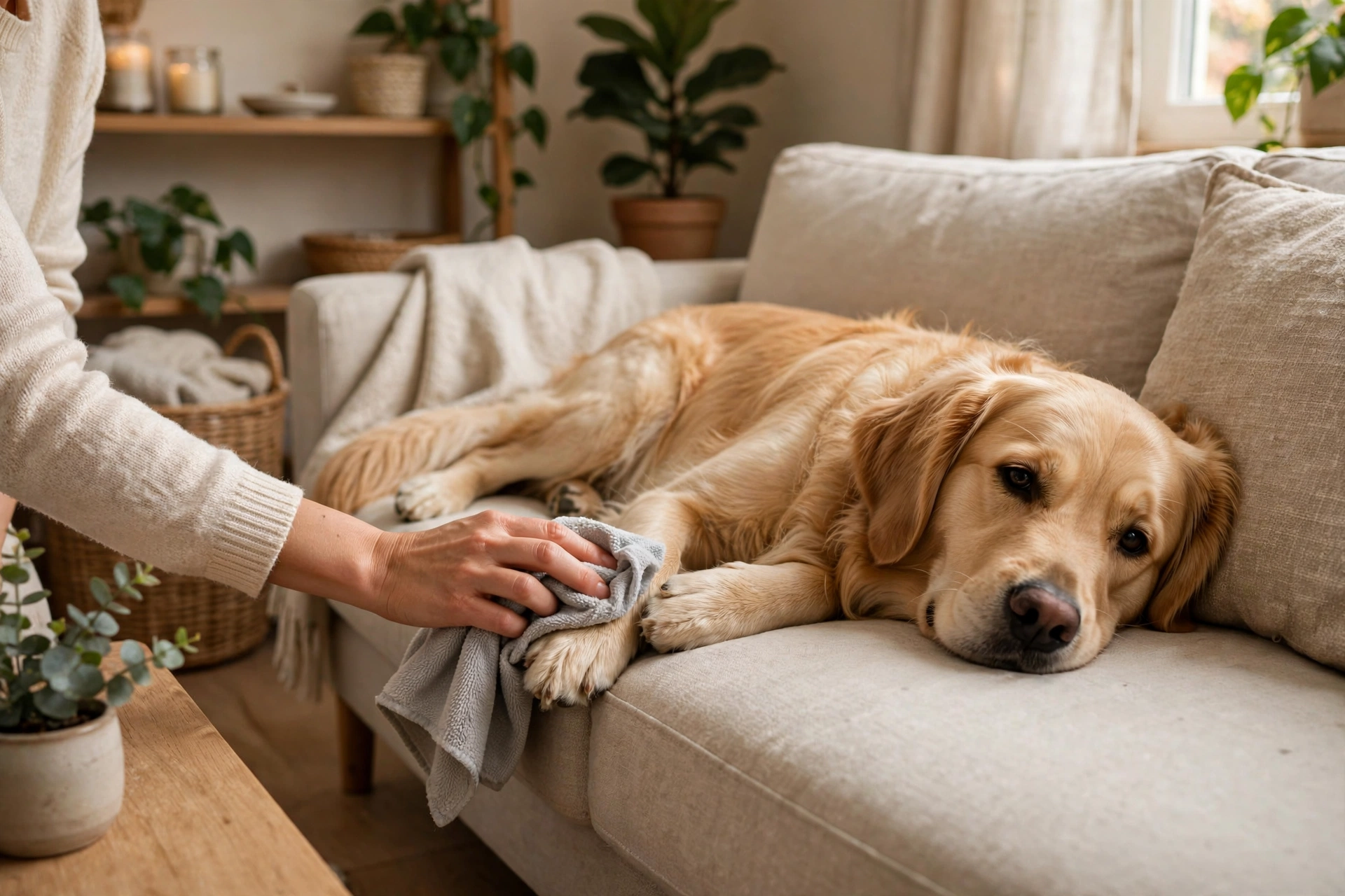 Owner gently wiping a dog's paw after a walk to remove contact irritants
