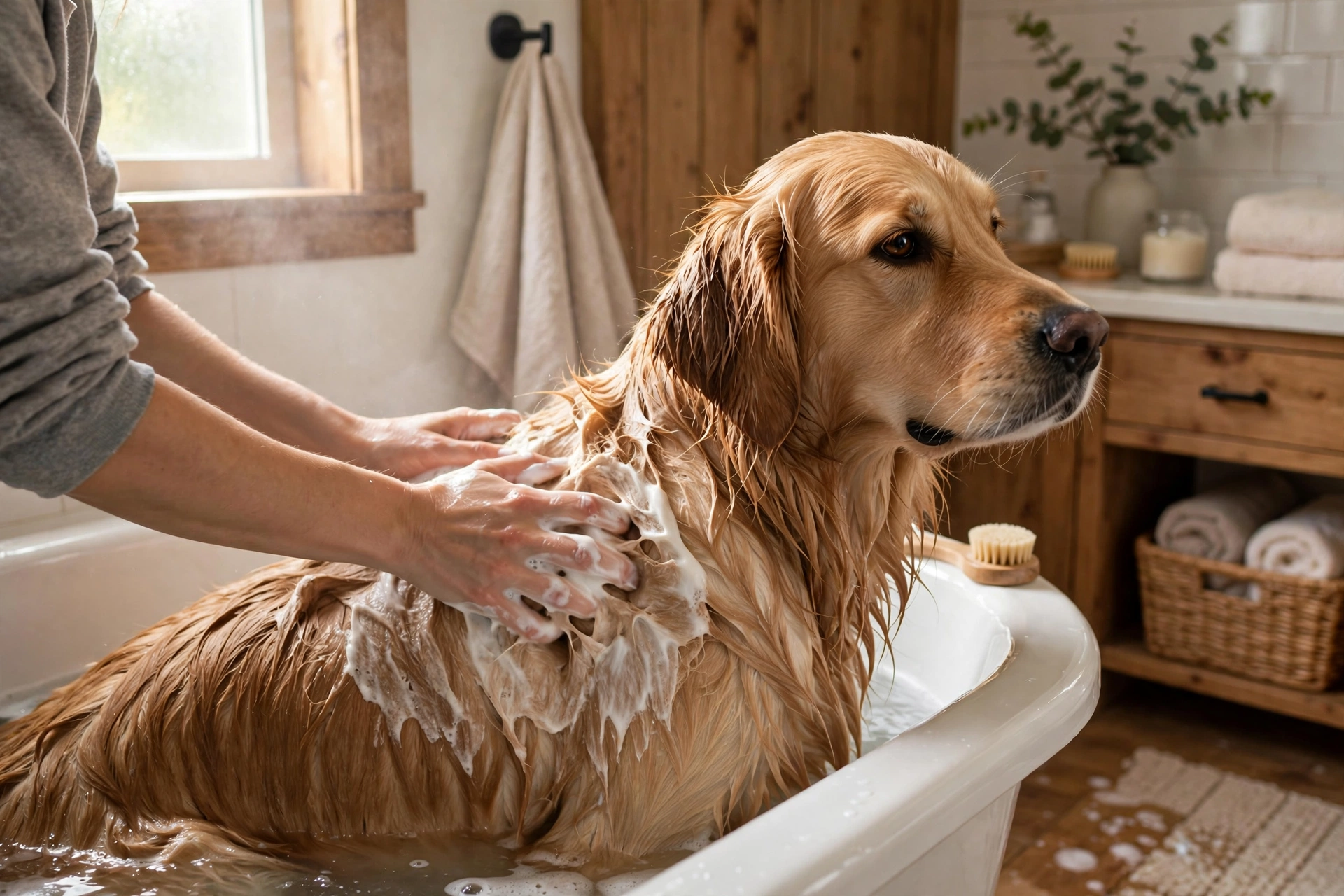 Person applying dog conditioner to a wet golden retriever's coat