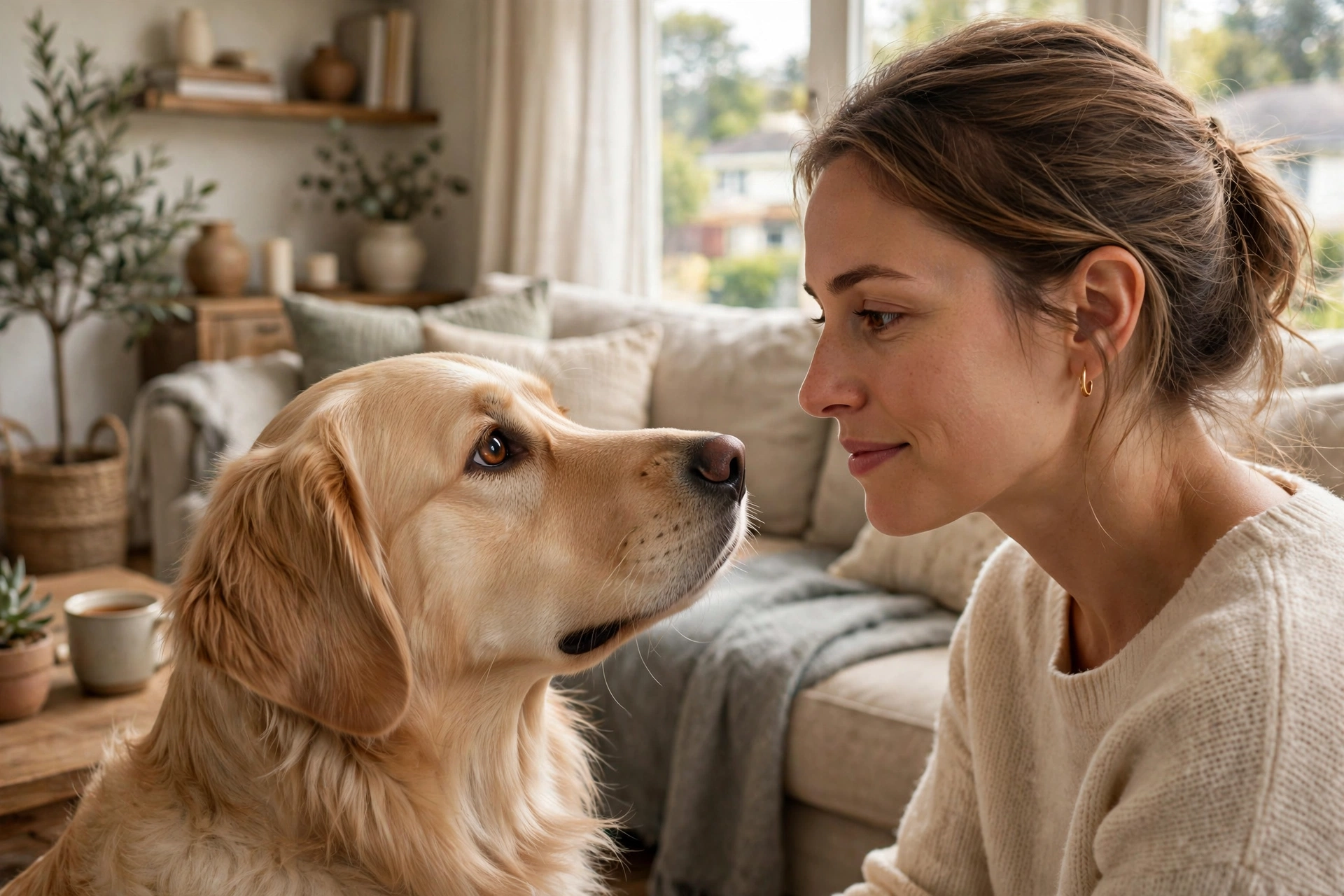 Dog gazing softly and lovingly into its owner's eyes in a living room