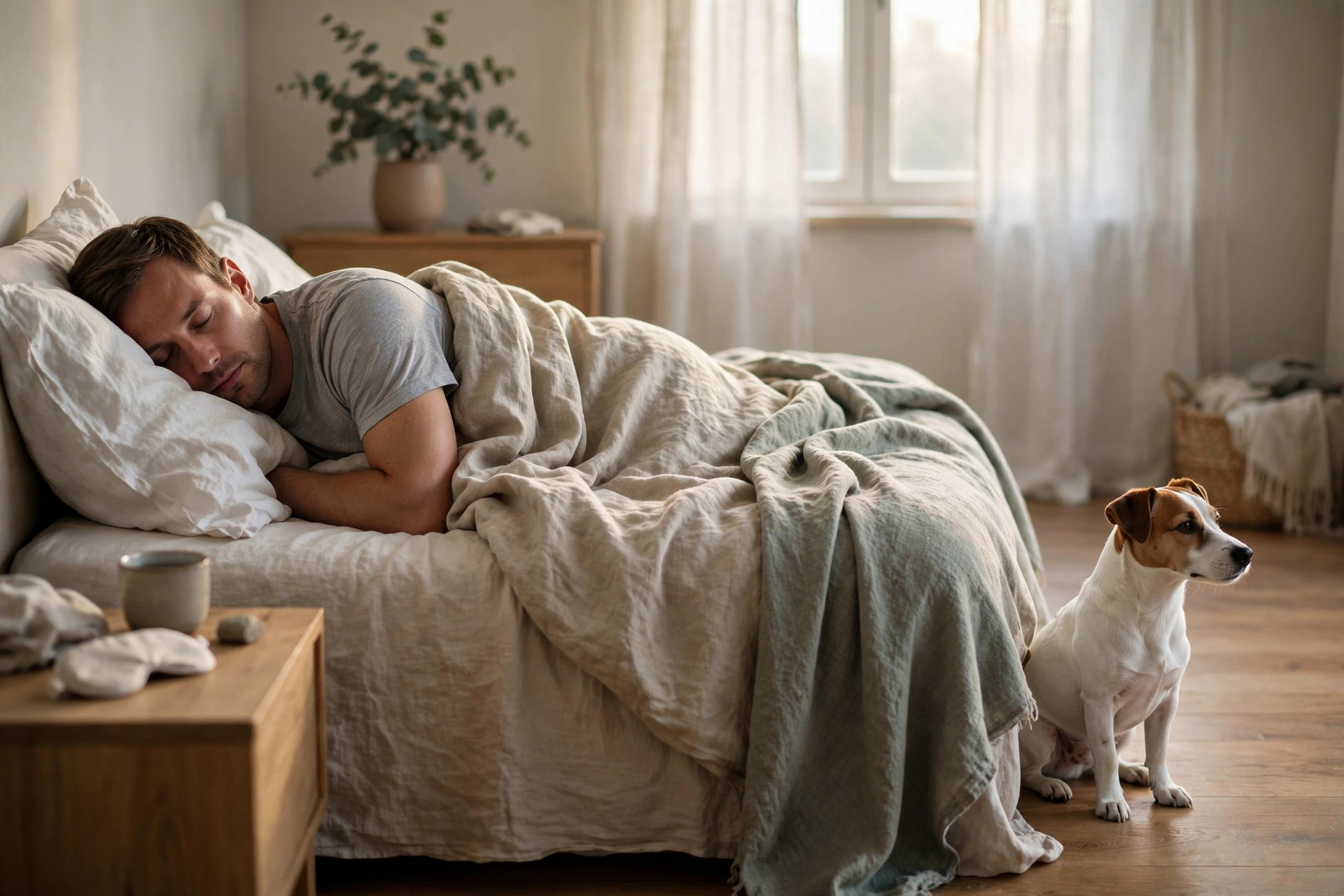 Owner sleeping peacefully while a dog waits calmly beside the bed