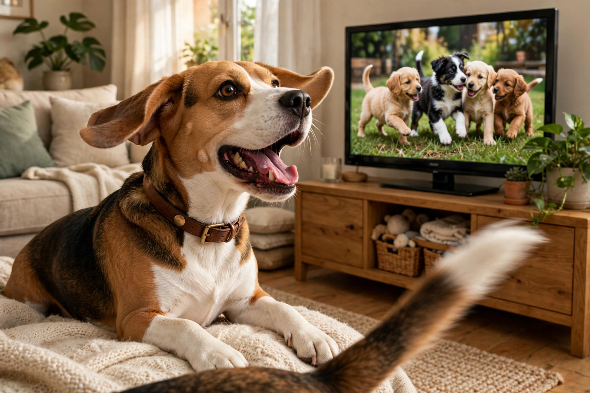 Beagle excitedly barking at puppies playing on TV