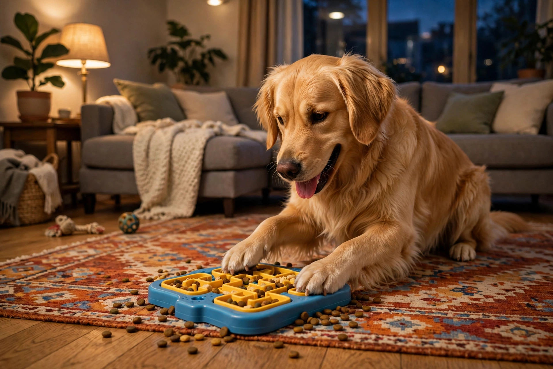 Dog playing with a puzzle toy in the evening