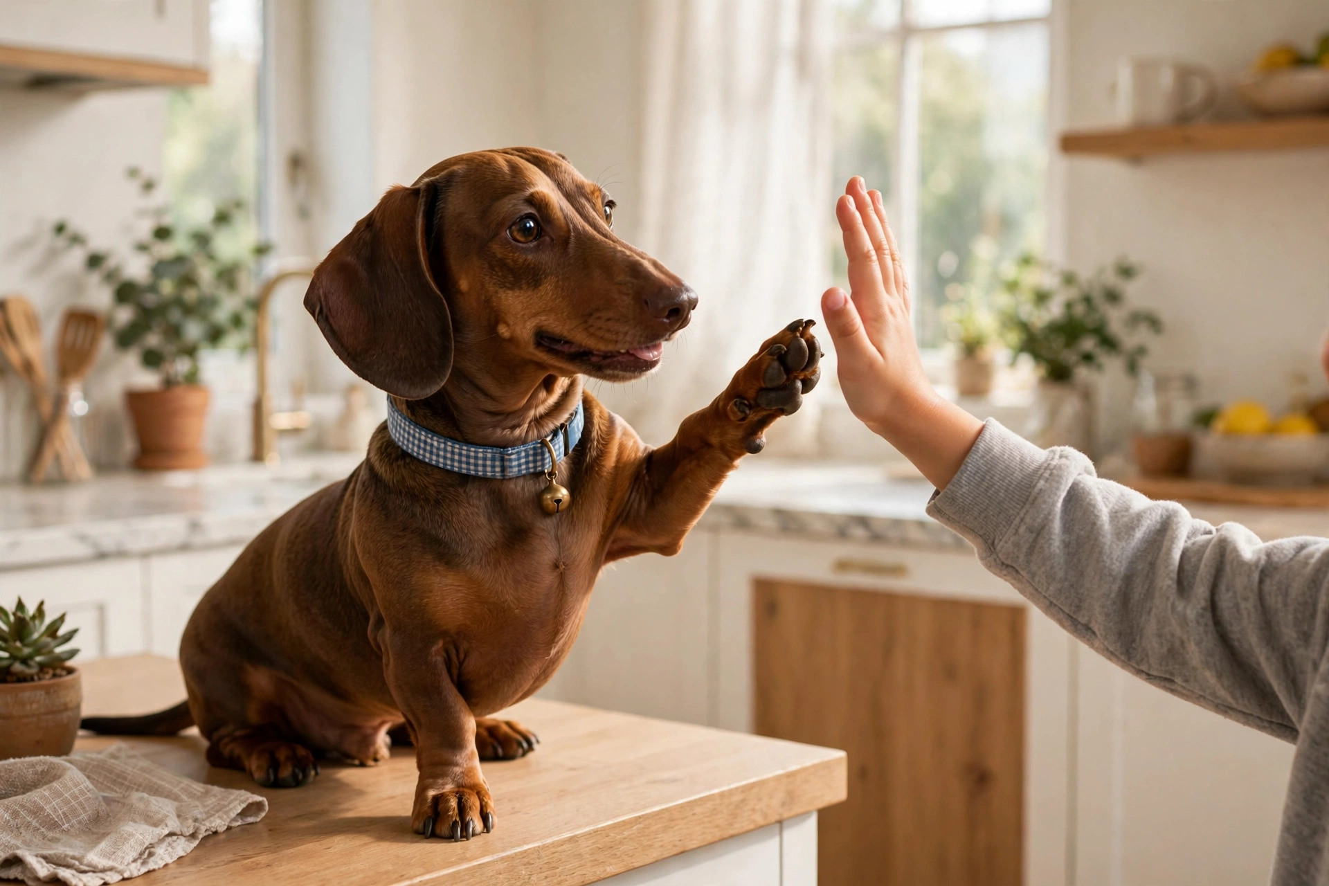 Dachshund giving a high five to a child in a bright kitchen