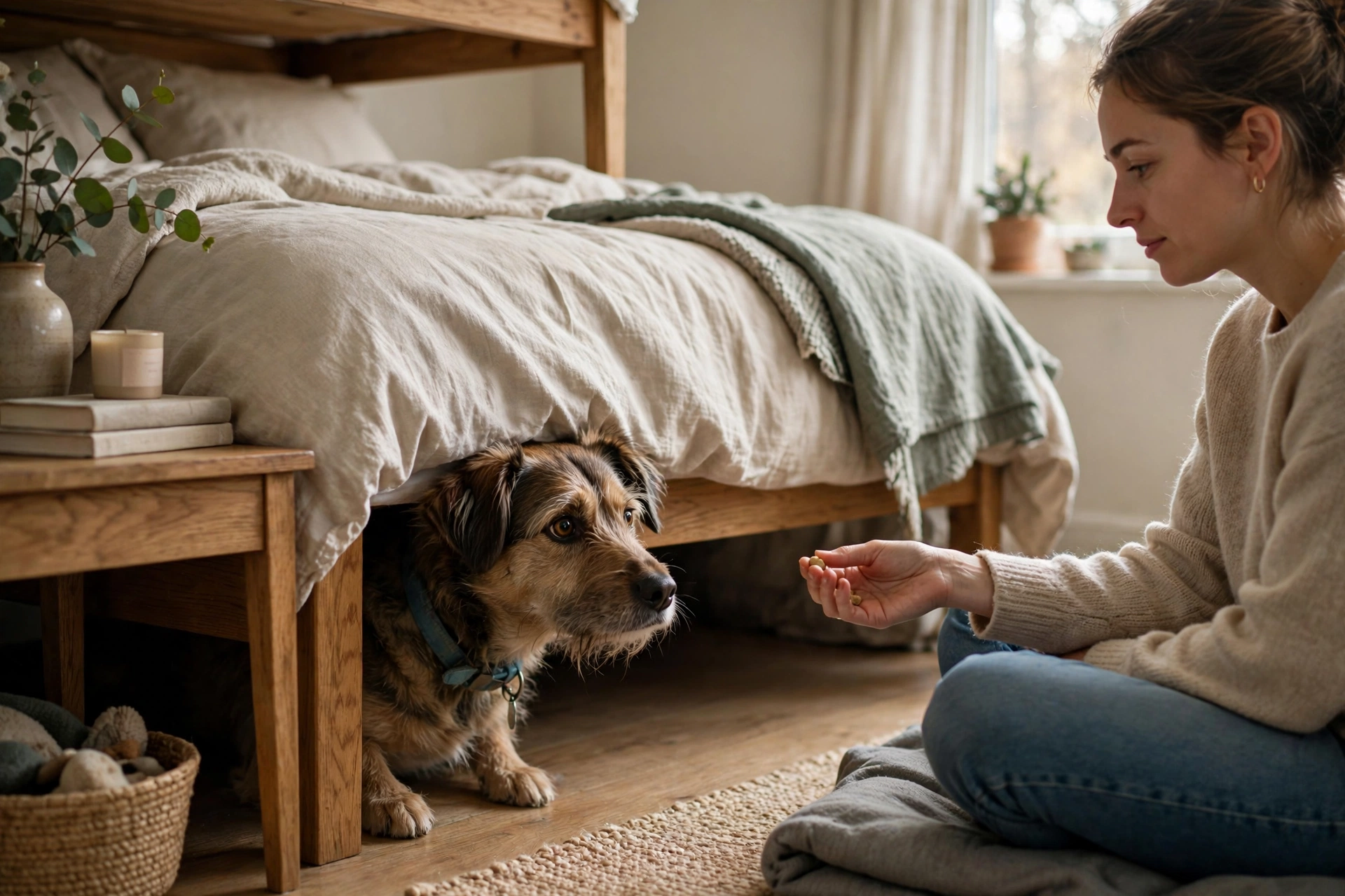 Timid rescue dog peeking from under a bed with a patient owner