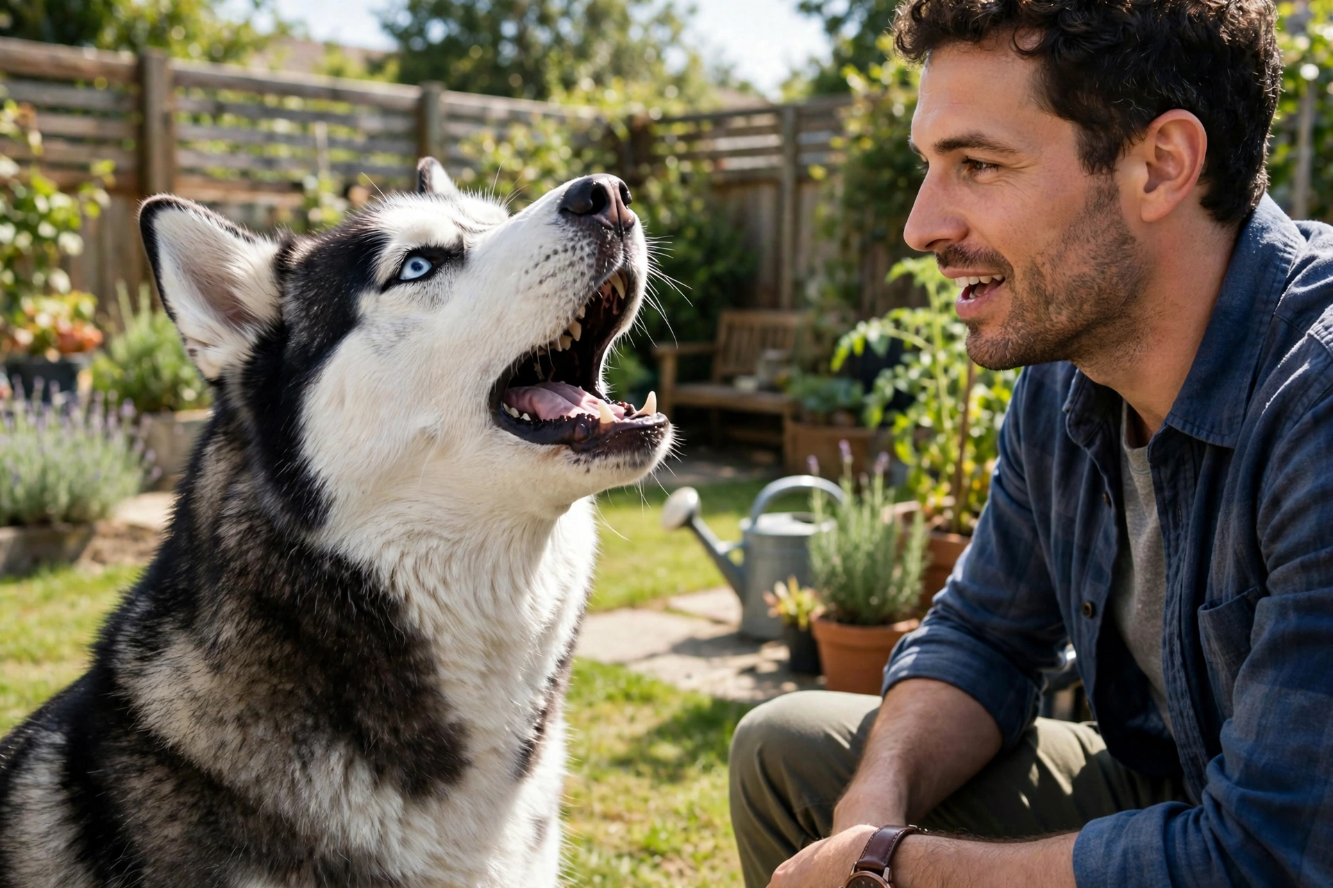 Vocal husky talking to its owner with mouth open