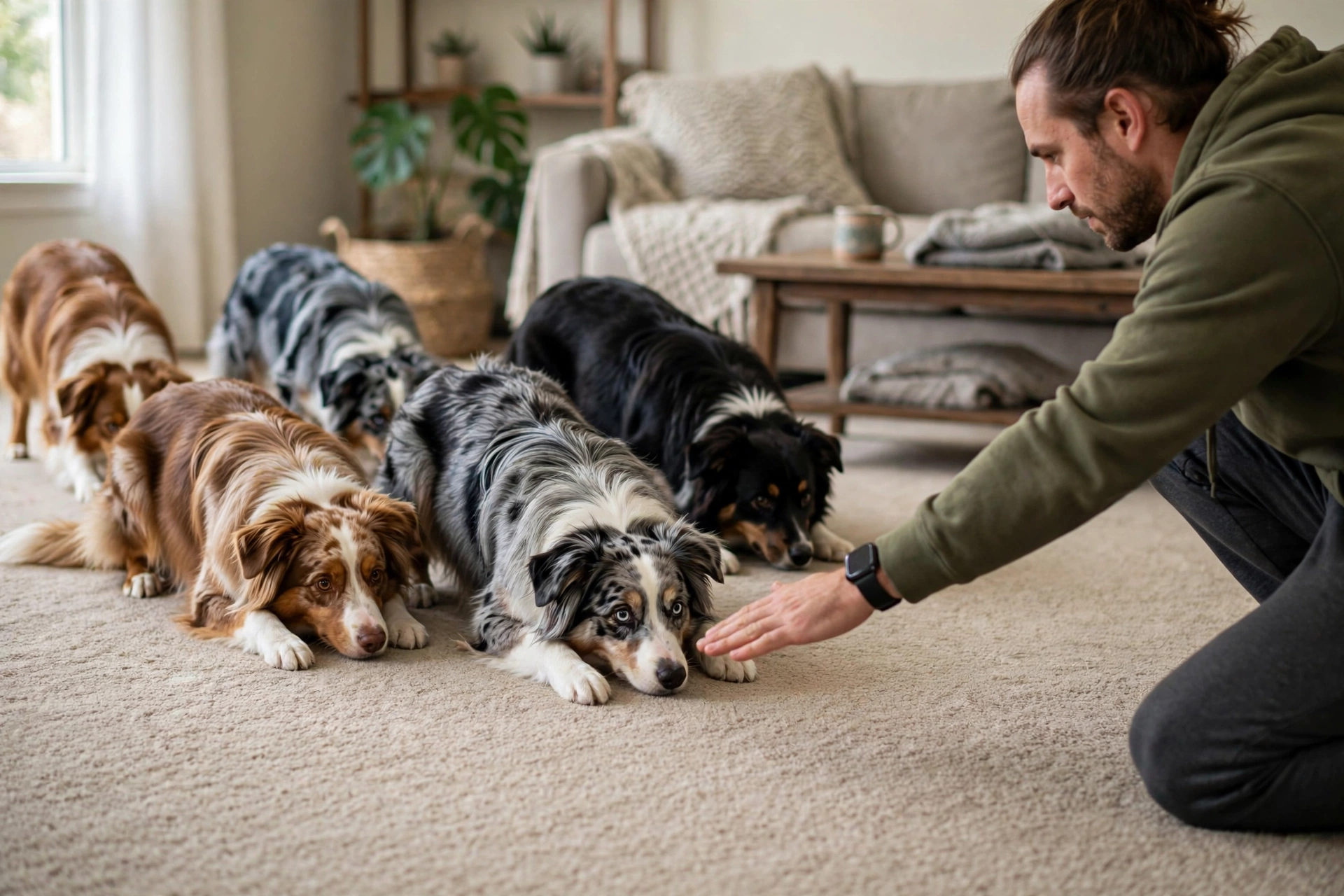 Dog crawling several feet across a living room toward the owner