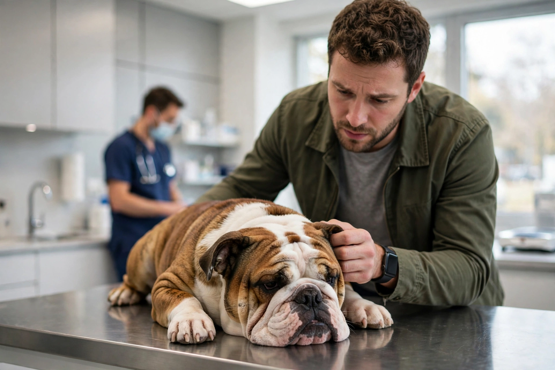 Concerned dog owner petting a bulldog at a bright modern veterinary clinic