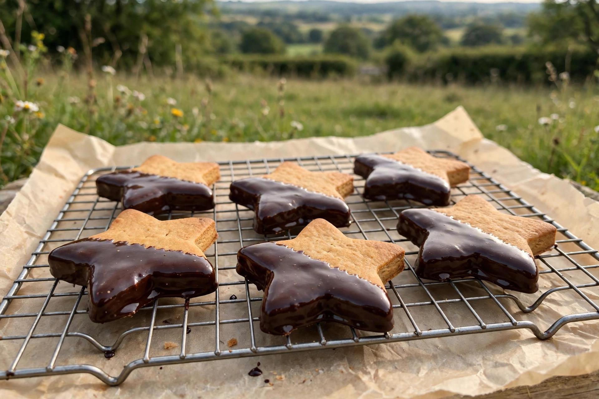 Carob-dipped star-shaped dog biscuits on a cooling rack