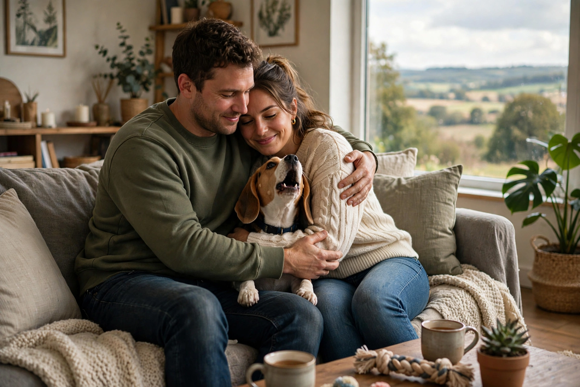 Dog barking as a couple hugs on the couch