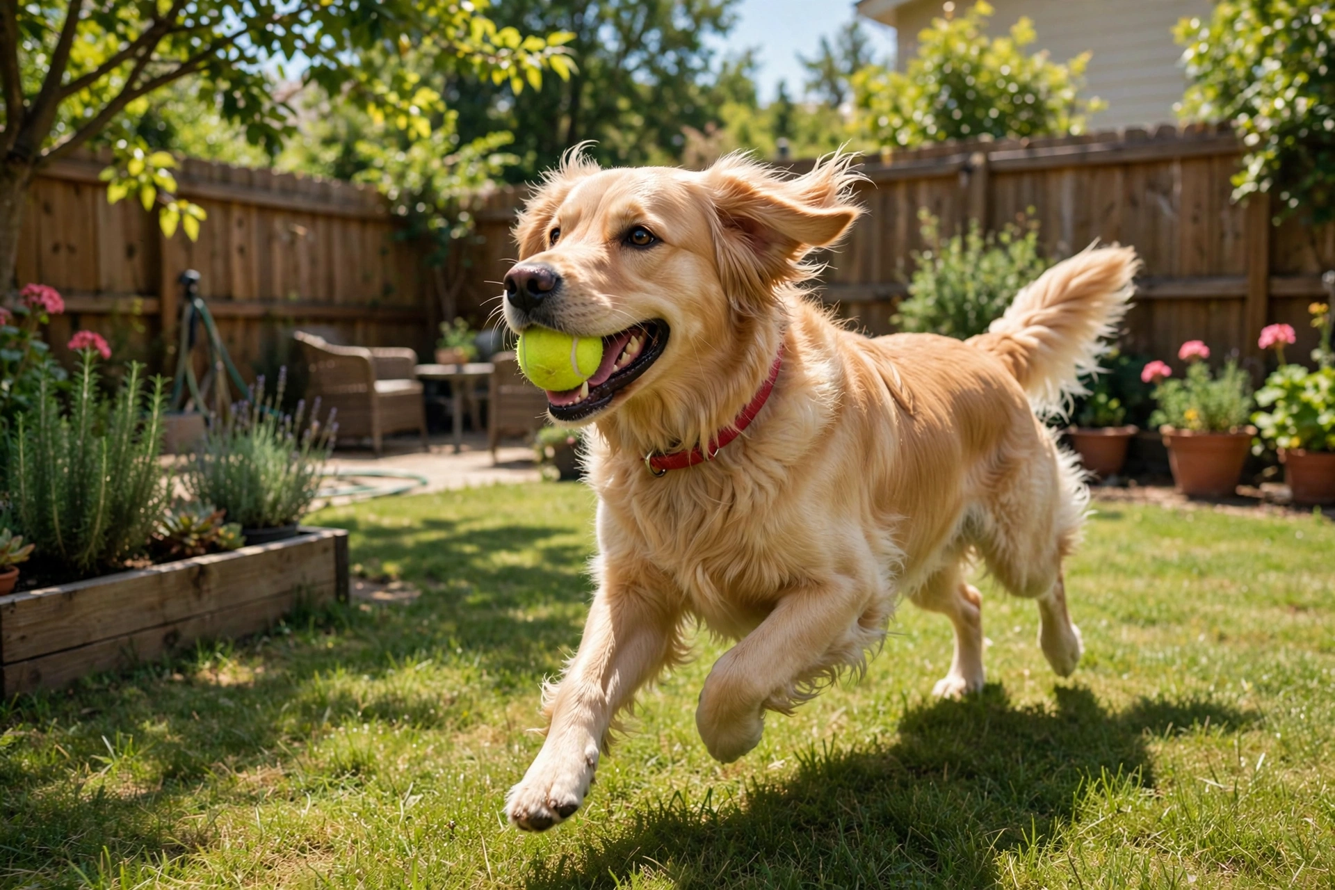 A happy dog running and fetching a ball in a sunny backyard