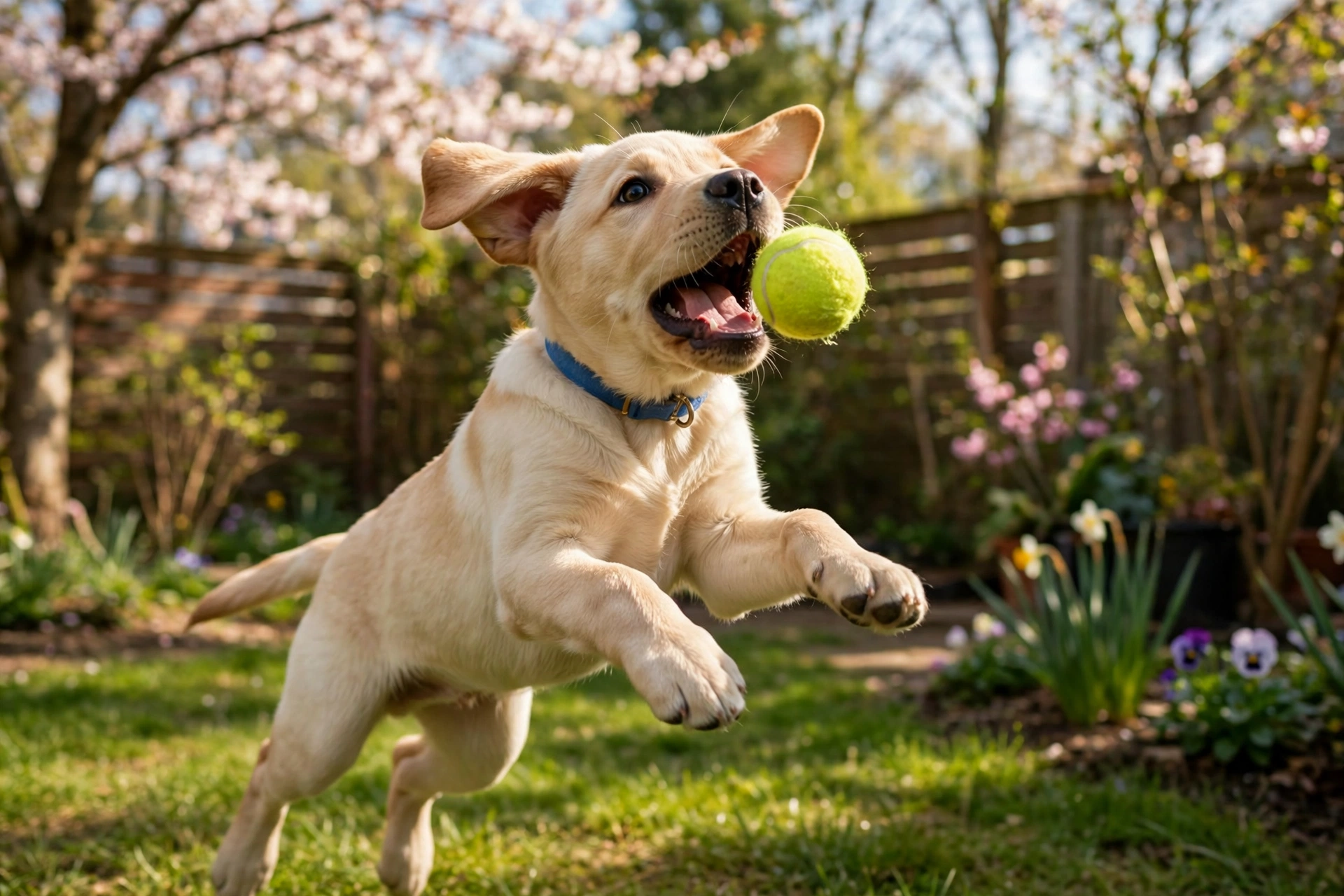 Labrador puppy catching a tennis ball in a sunny backyard