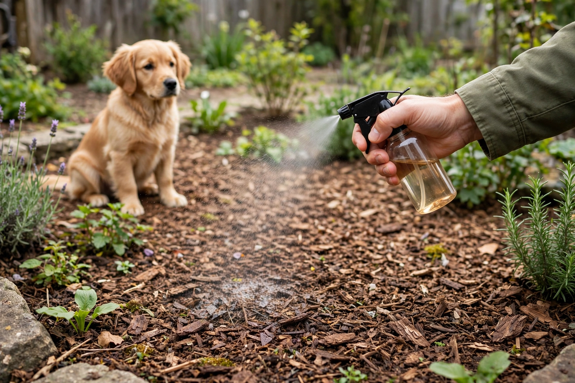Spraying bitter deterrent spray on garden mulch