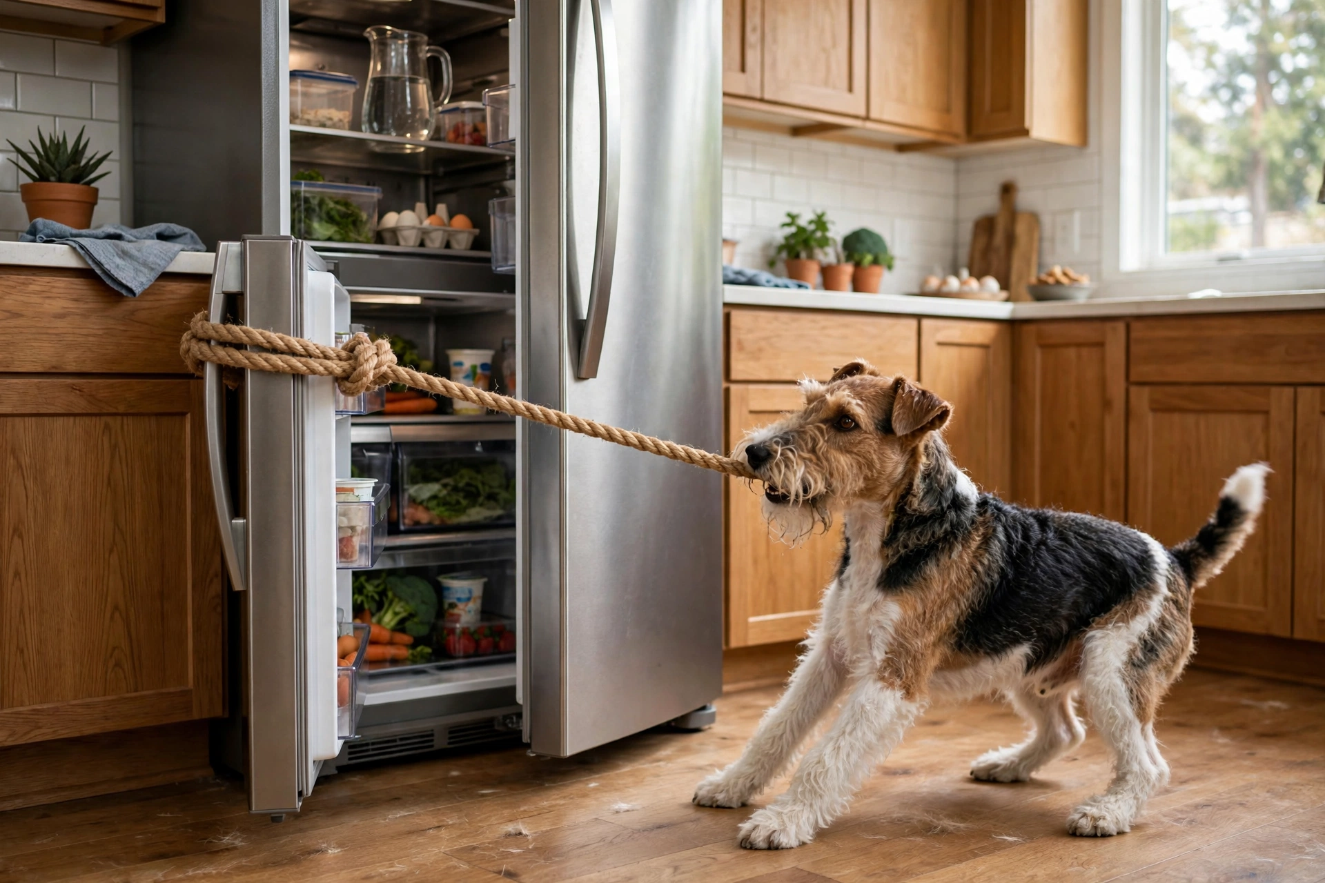 Terrier tugging a rope tied to a refrigerator door handle to open it