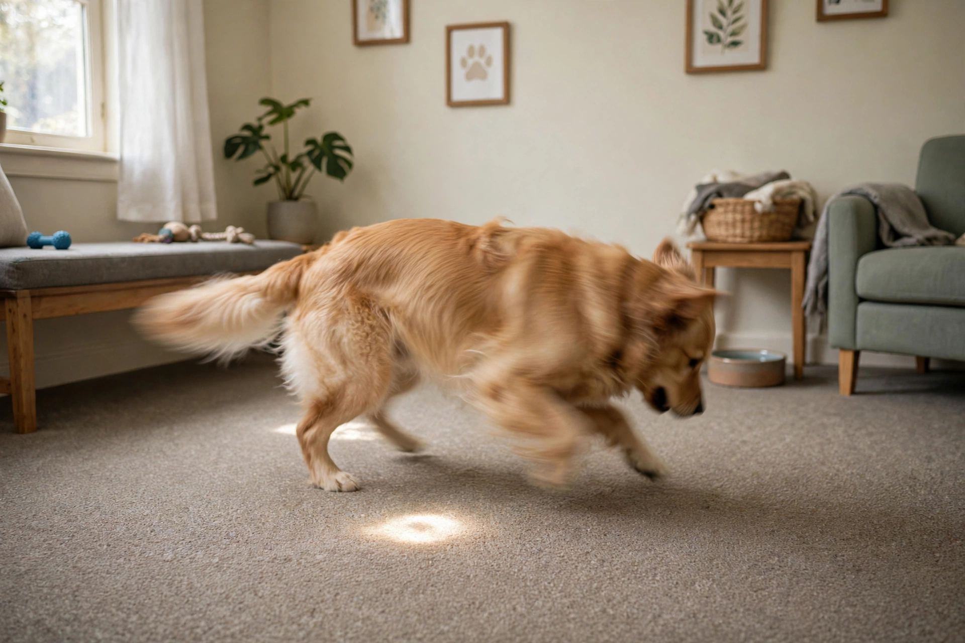 Dog repetitively spinning after a light reflection on the carpet