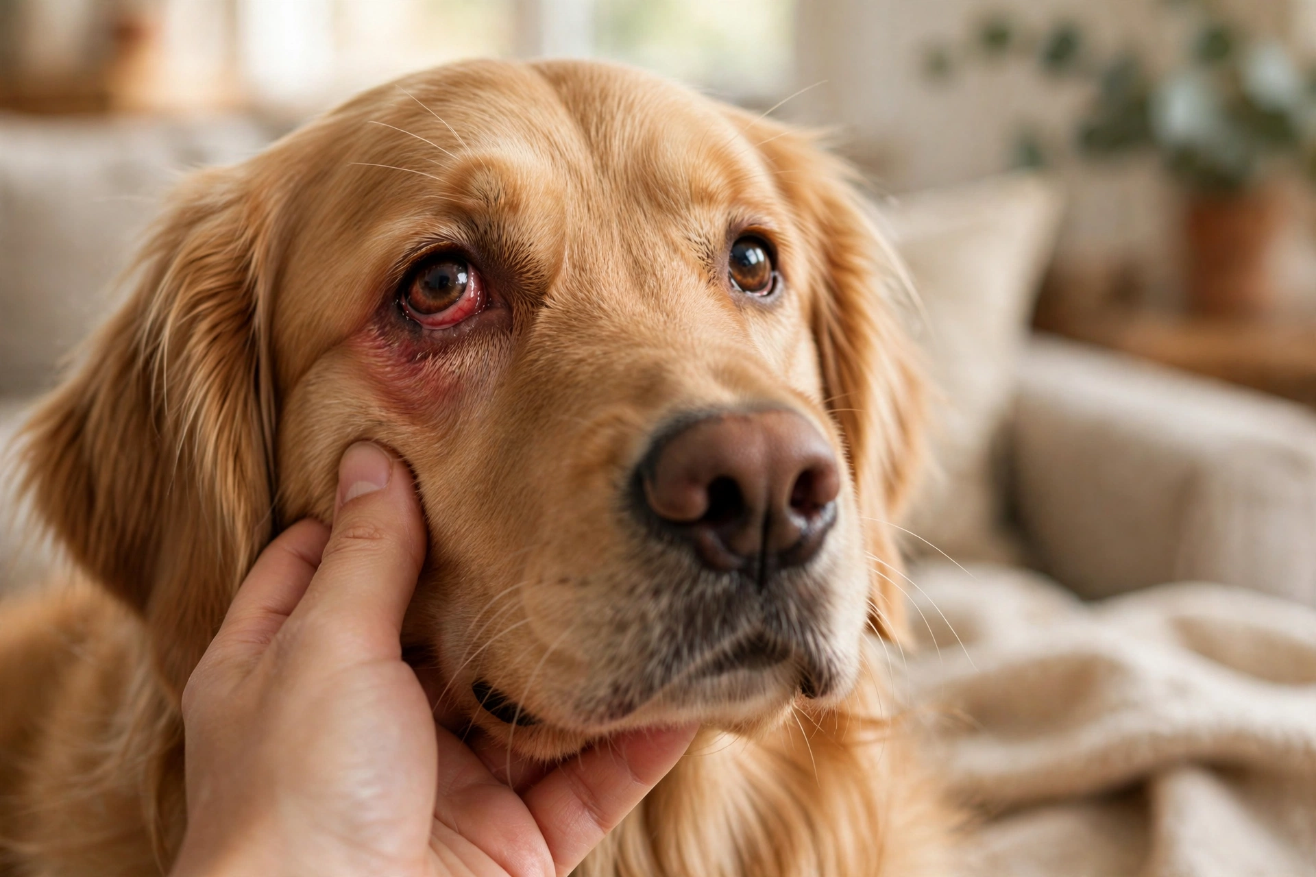 Dog with one eye unable to close fully being gently checked by owner