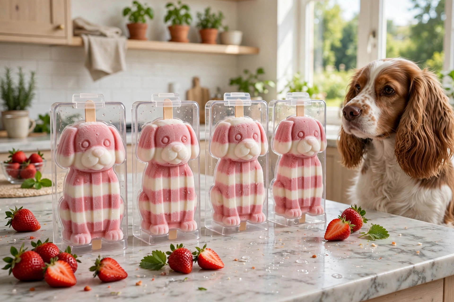 Layered strawberry yogurt dog popsicles with pink and white stripes