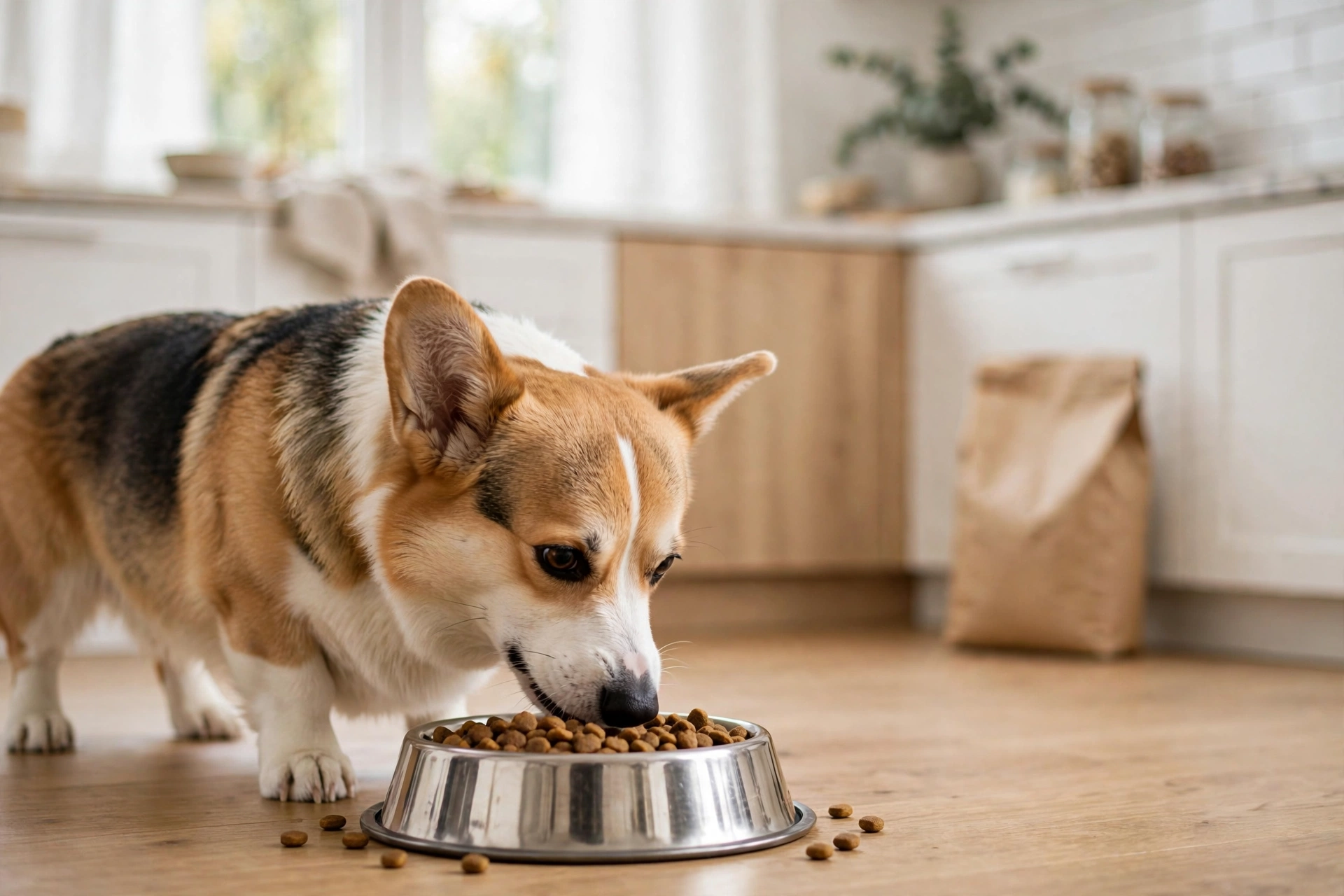 Dog eating healthy kibble from a stainless steel bowl
