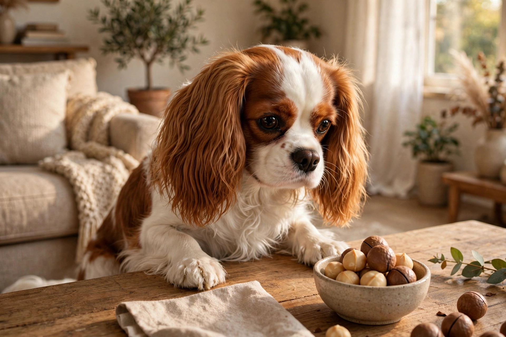 Cavalier King Charles Spaniel near a bowl of macadamia nuts