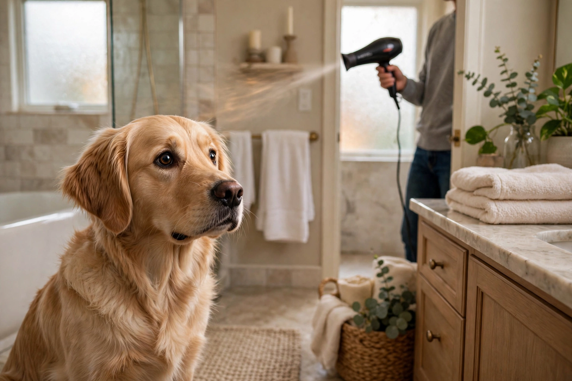 Dog looking warily at a noisy hair dryer held at a distance by its owner
