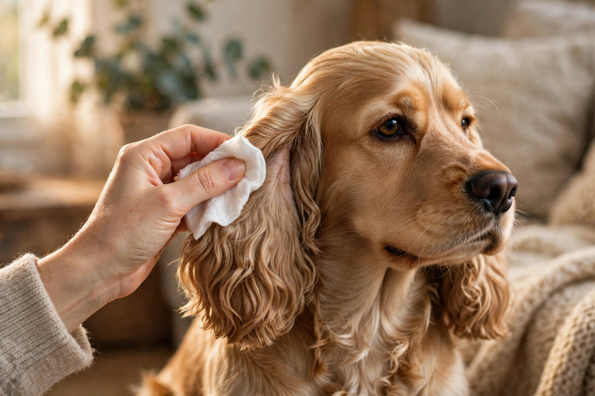 Person gently cleaning a spaniel's ear with a cotton pad