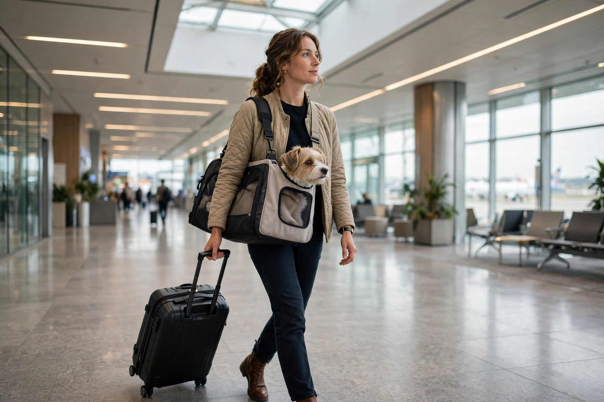 Traveler with carry-on luggage and a small dog in a carrier walking through the airport