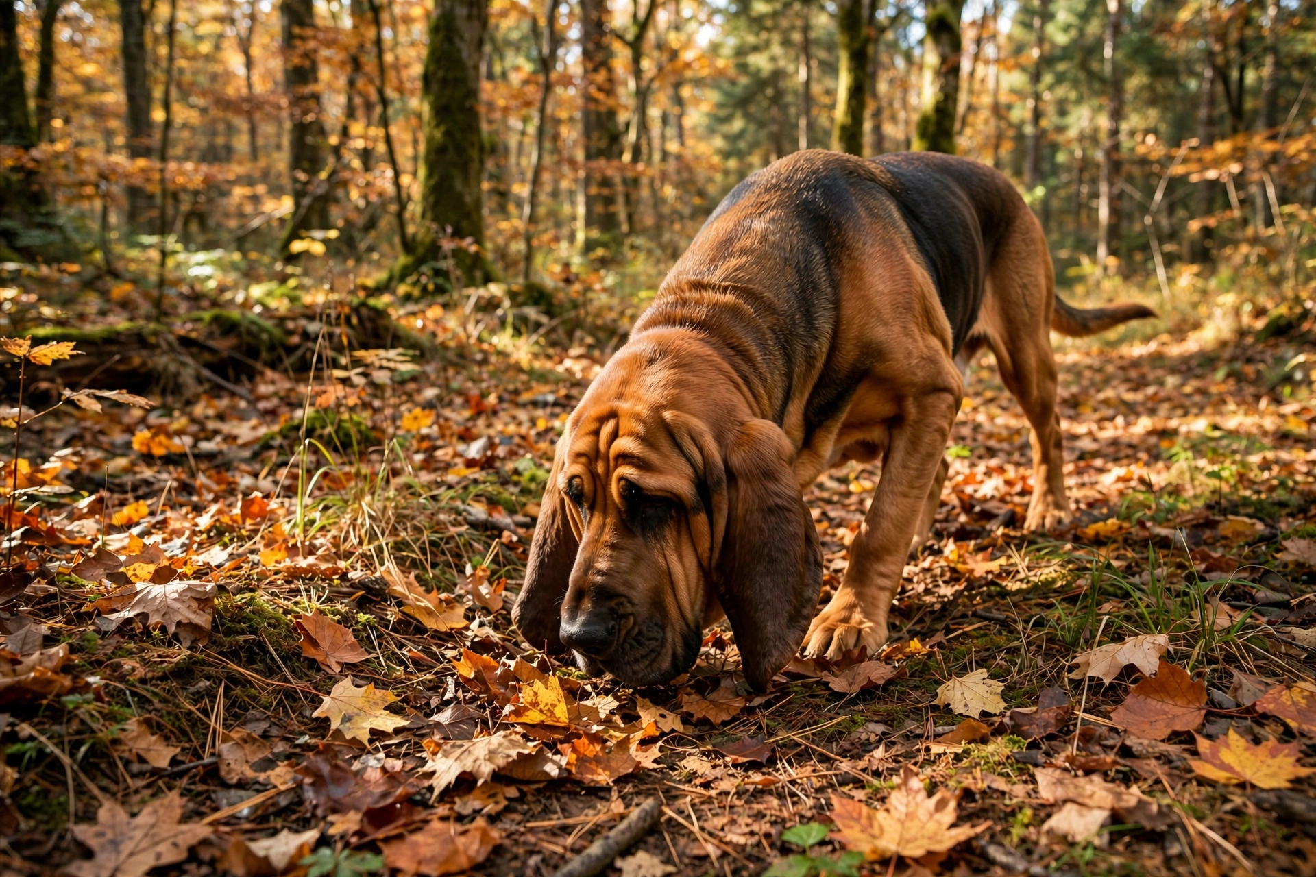 Bloodhound tracking a scent trail through autumn woods