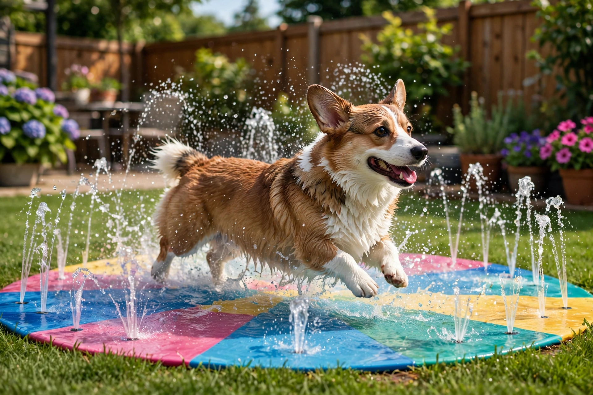 Corgi running through water spraying up from a colorful backyard splash pad