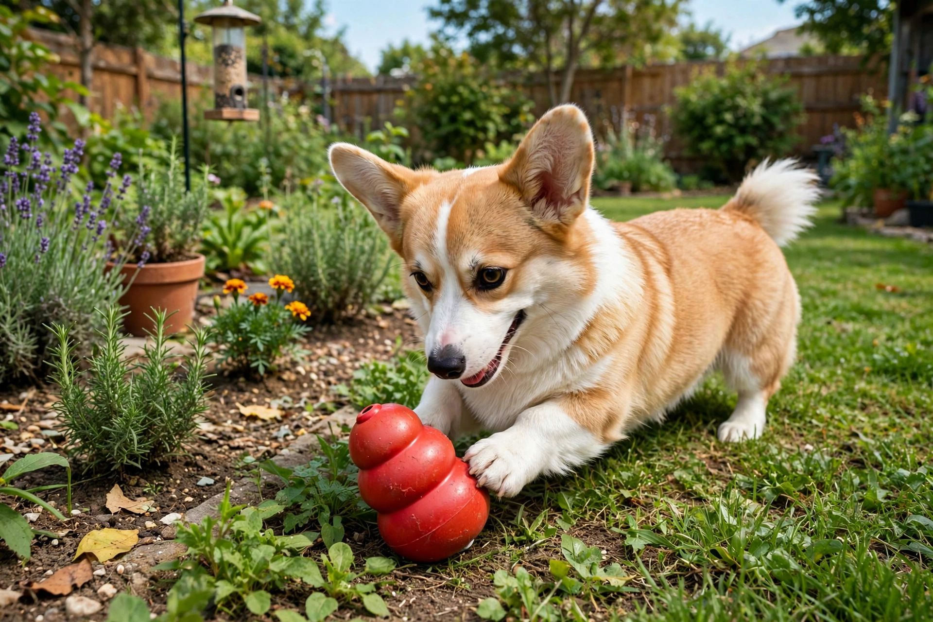 Corgi playing with a chew toy in the backyard