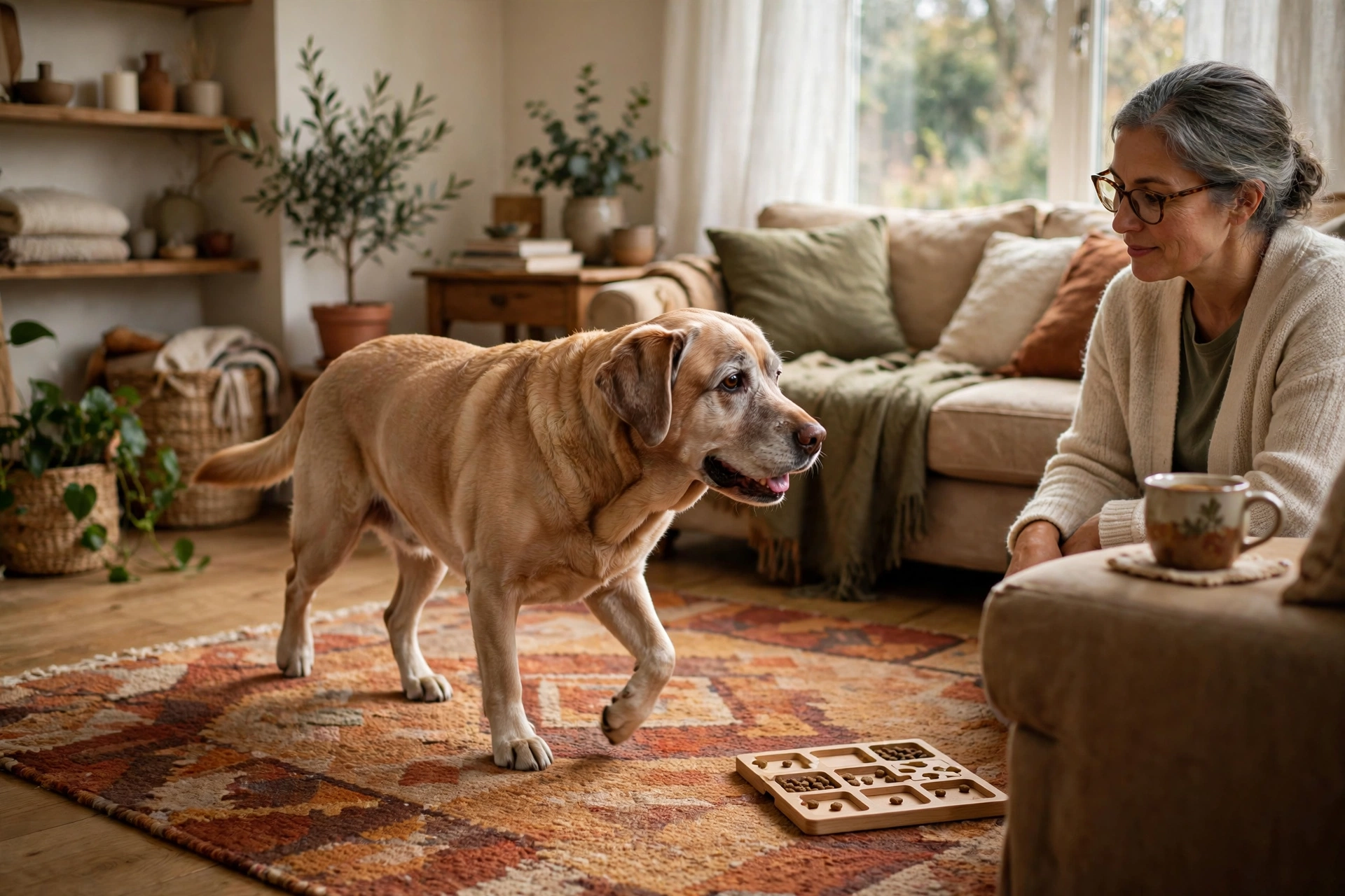 Gray-muzzled senior labrador circling on a rug in a cozy living room